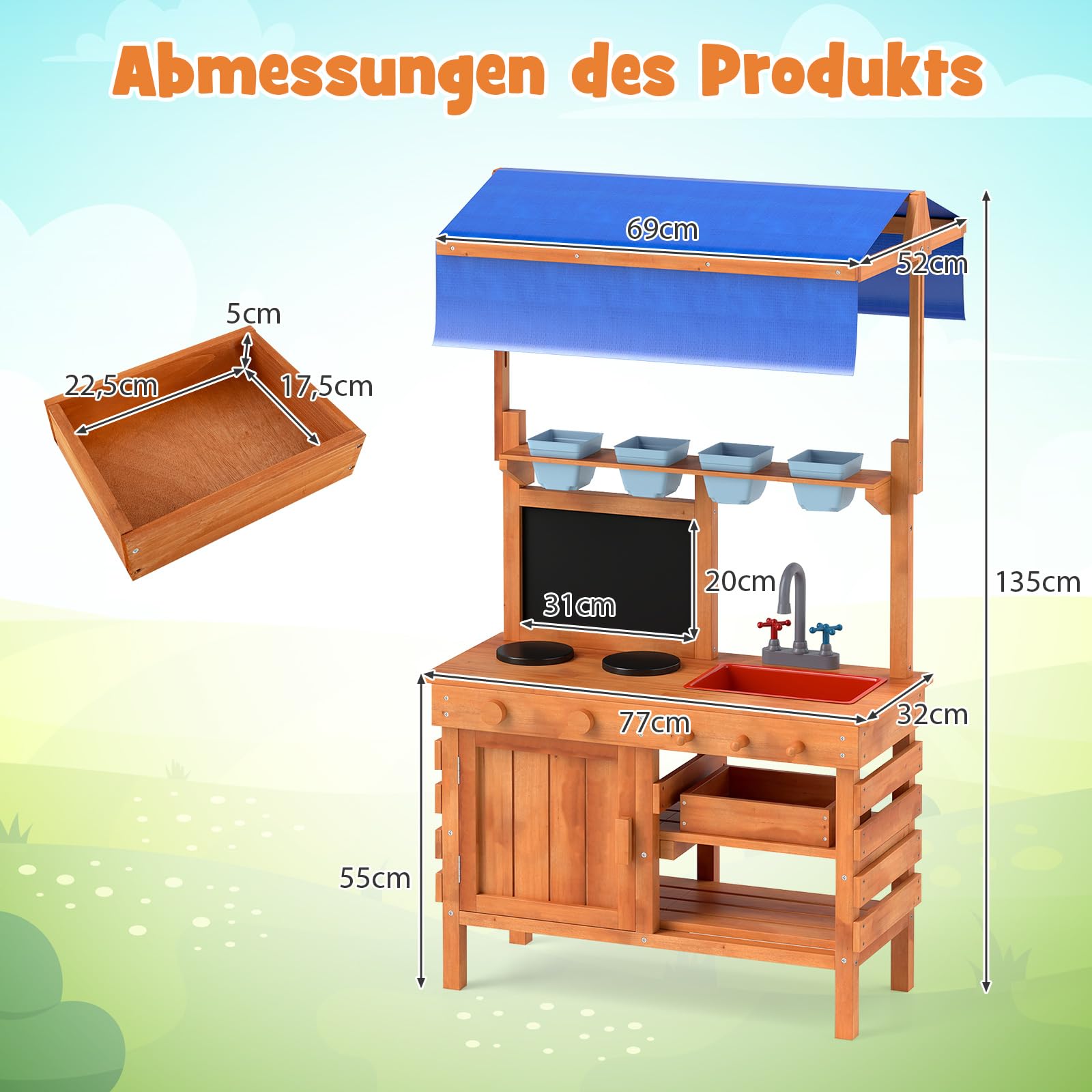 COSTWAY Matschküche Kinder Outdoor, Kinderküche Holz mit Sonnendach & Tafel & Pflanzbechern & Schaufeln, Spielküche mit Herd Spüle Schublade, Gartenküche Outdoor Küche für Kinder ab 3 Jahren