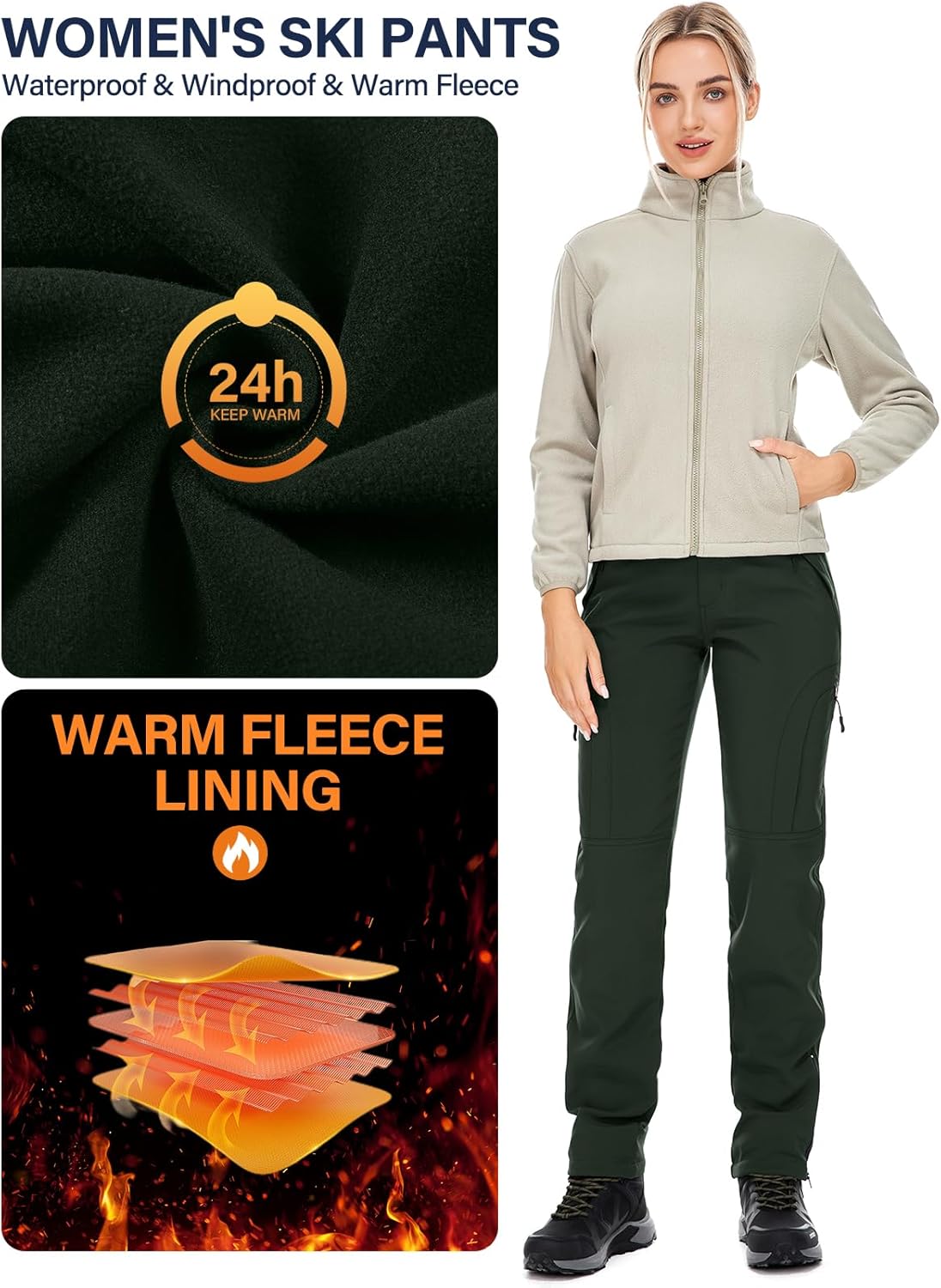 Womens Snow Pants Winter Waterproof Outdoor Soft Shell Fleece Linded Ski Hiking Pants - Image 5