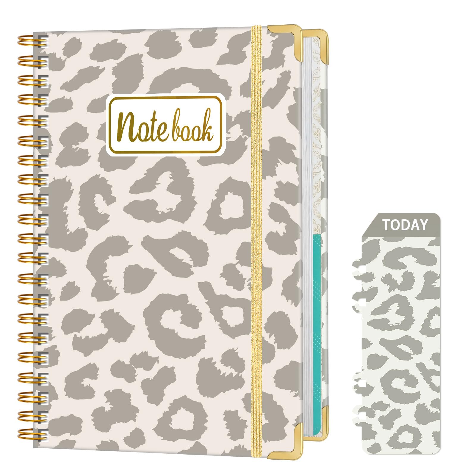 Ksriylm Personalized A5 Notebook, 160 Pages/80 Sheets Wirebound Spiral Notebooks, 80GSM Lined Paper with Pocket & Bookmark, Waterproof Hardcover Notepad for Note Taking School & Office,Grey Leopard