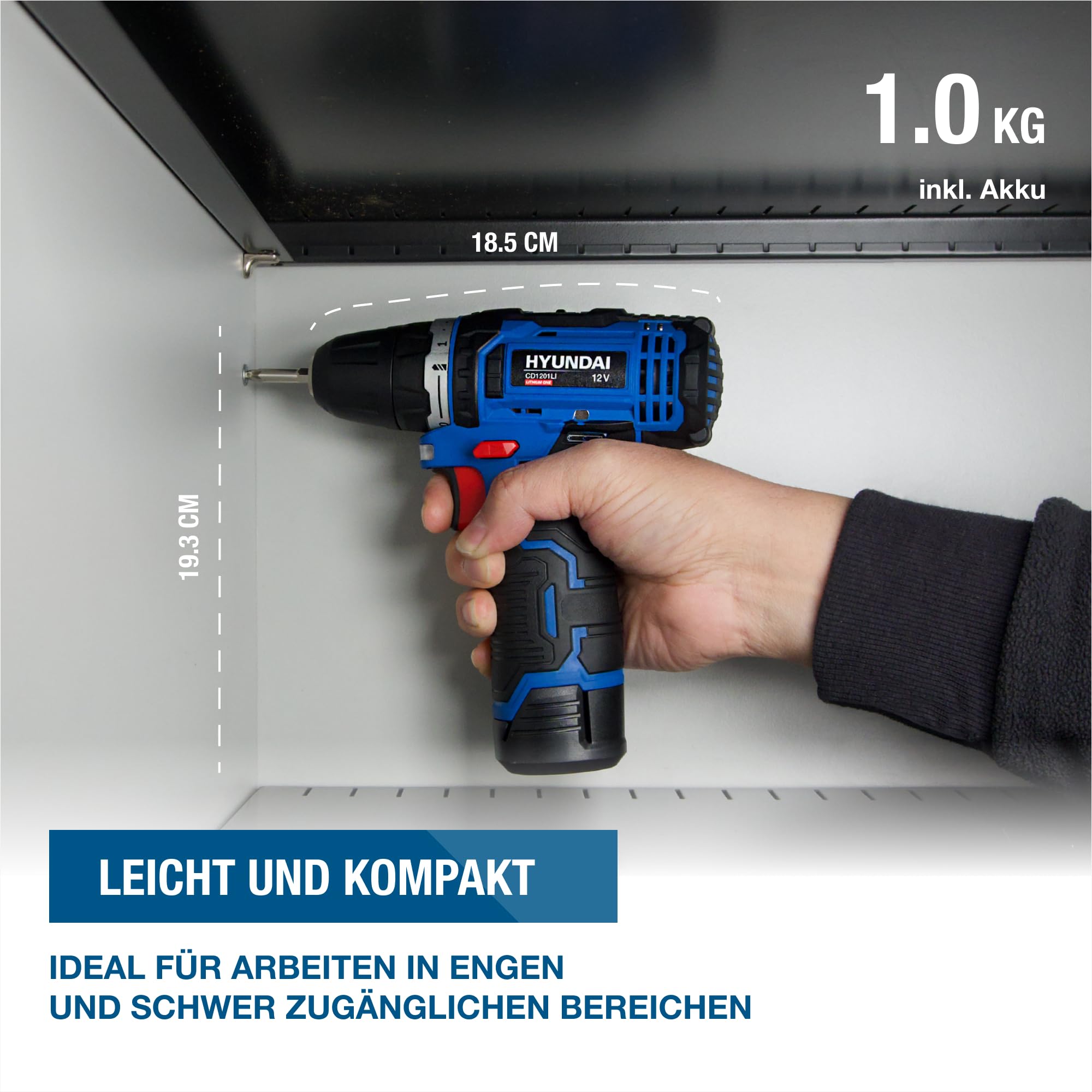 HYUNDAI Akkuschrauber CD1201LI SET, Akkubohrschrauber 12V, Akkubohrer, Bohrmaschine im Koffer mit 1 x 2.0Ah Akku, Schnellladegerät, inkl. 13-teiligem Zubehör