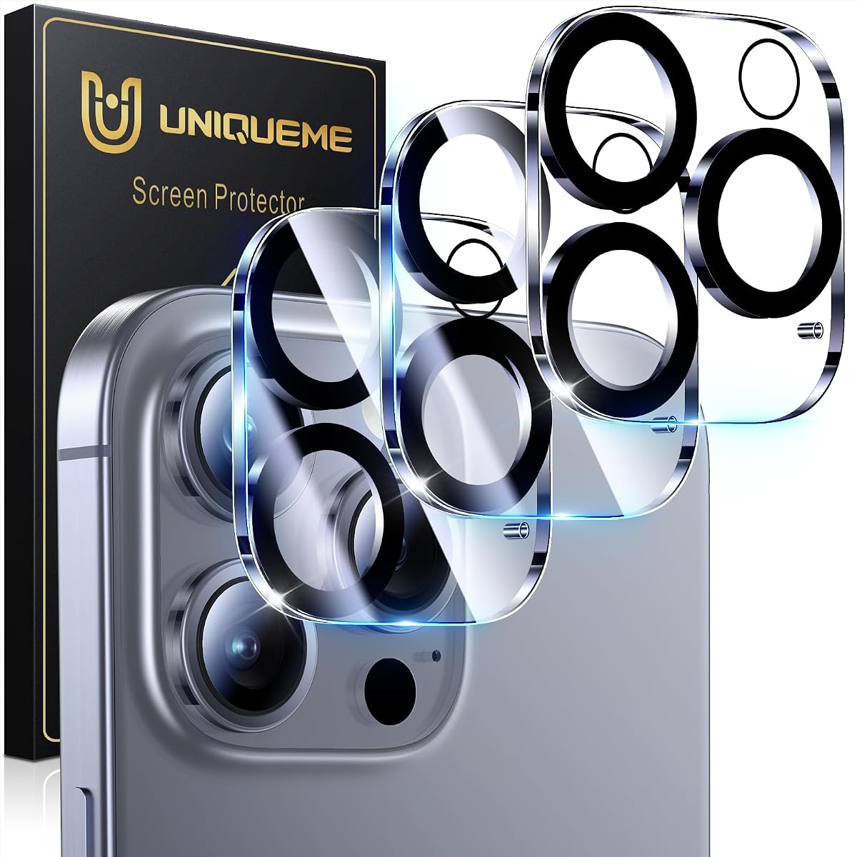 UniqueMe para paquete de 3 protectores de lente de cámara iPhone 16 Pro/iPhone 16 Pro Max | Protección contra caídas, compatible con estuches, vidrio templado 9H, pantalla de cubierta de cámara, actualización de nueva versión