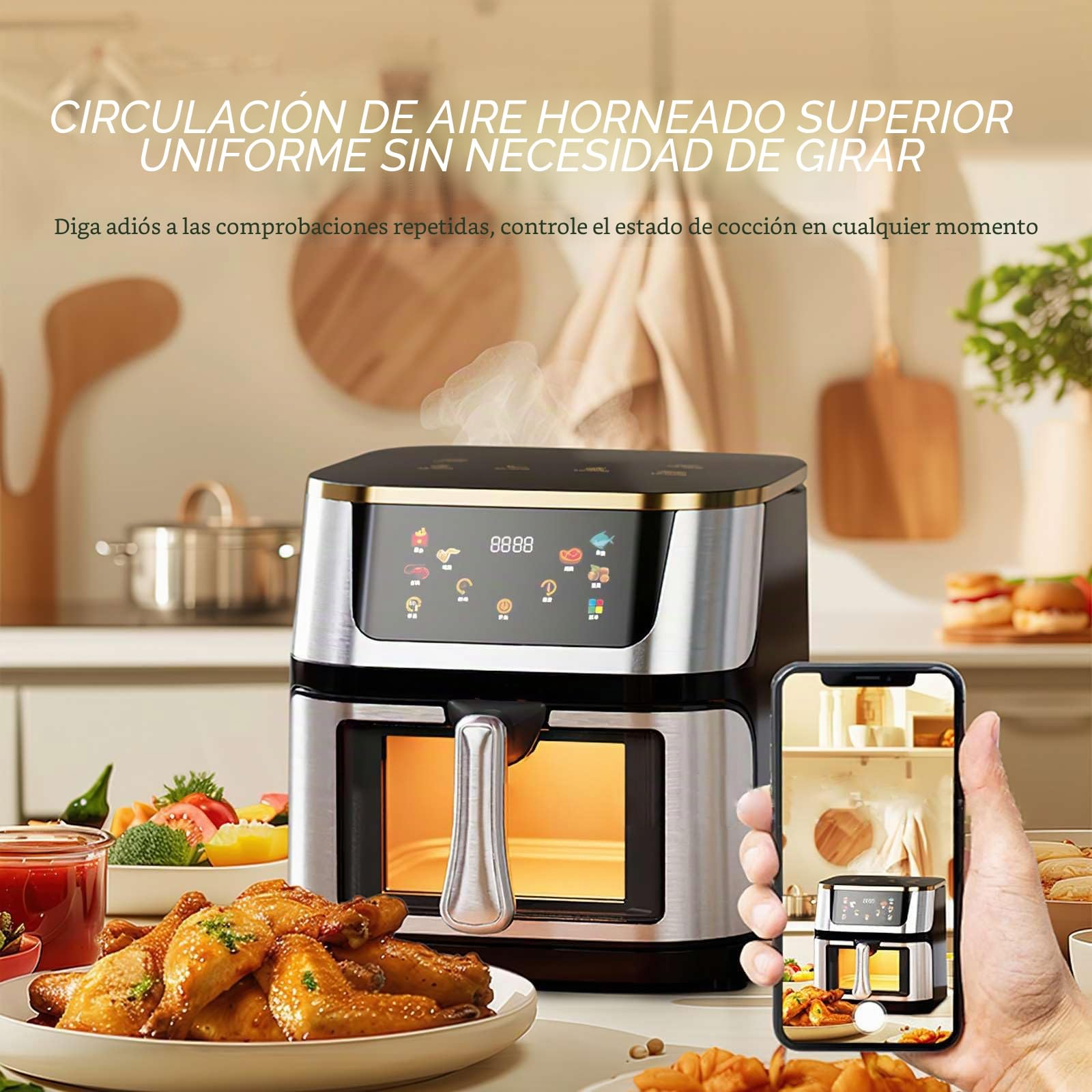 Air Fryer 12L,Freidora de aire con ventana de visualización,Pantalla táctil digital,Menos grasa,Circulación de aire caliente,Menús Preprogramados Saludables,Cocción rápida a alta temperatura de 210℃