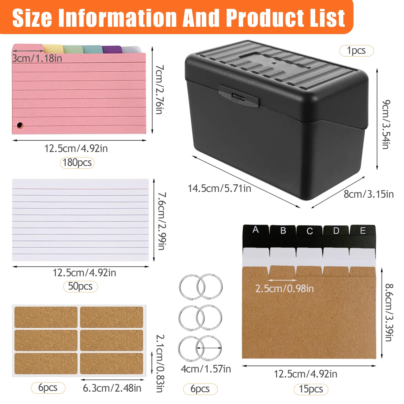 Caja Tarjetas Índice Negro, Fichas Coloridas con 15 Registros, 6 Anillos, 6 Pegatinas, Flashcards Colores para Viajes, Notas Aprendizaje, Material Escolar, Recetas, Estudiar, Oficina, Hogar, Estudio