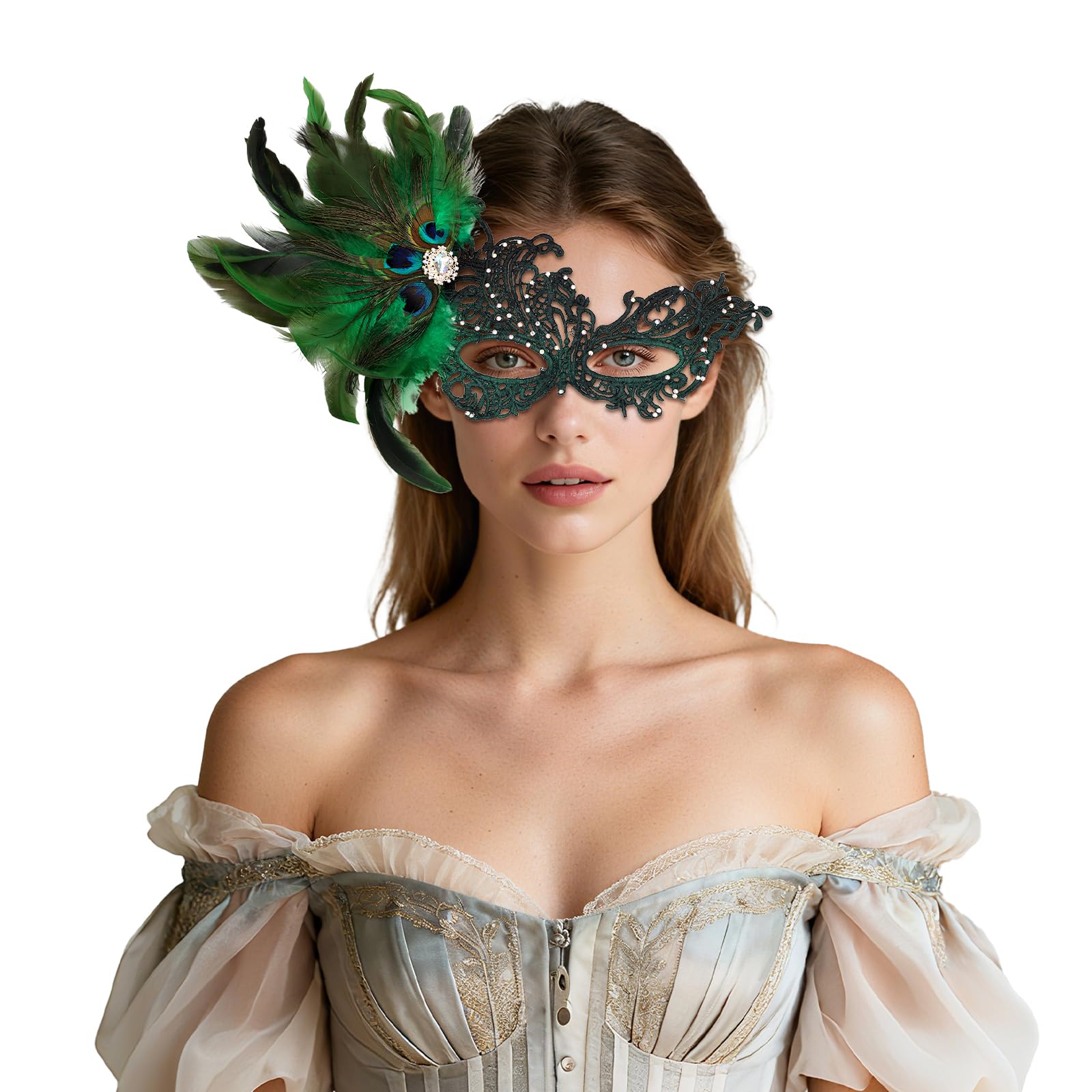Oidea Feather Masquerade Mask for Women: Elegant Rhinestone Lace Half Face Party Mask Venetian Mardi Gras Masks Halloween Cosplay Prom Ball Costume Accessory Green