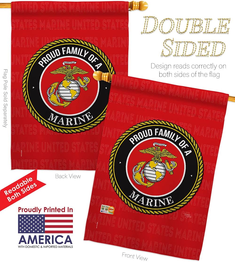 Proud Family Marines House Flag Dowel Set Armed Forces Marine Corps USMC Semper Fi United State American Military Veteran Retire Official Small Gift Yard Banner Double-Sided Made In USA 28 X 40