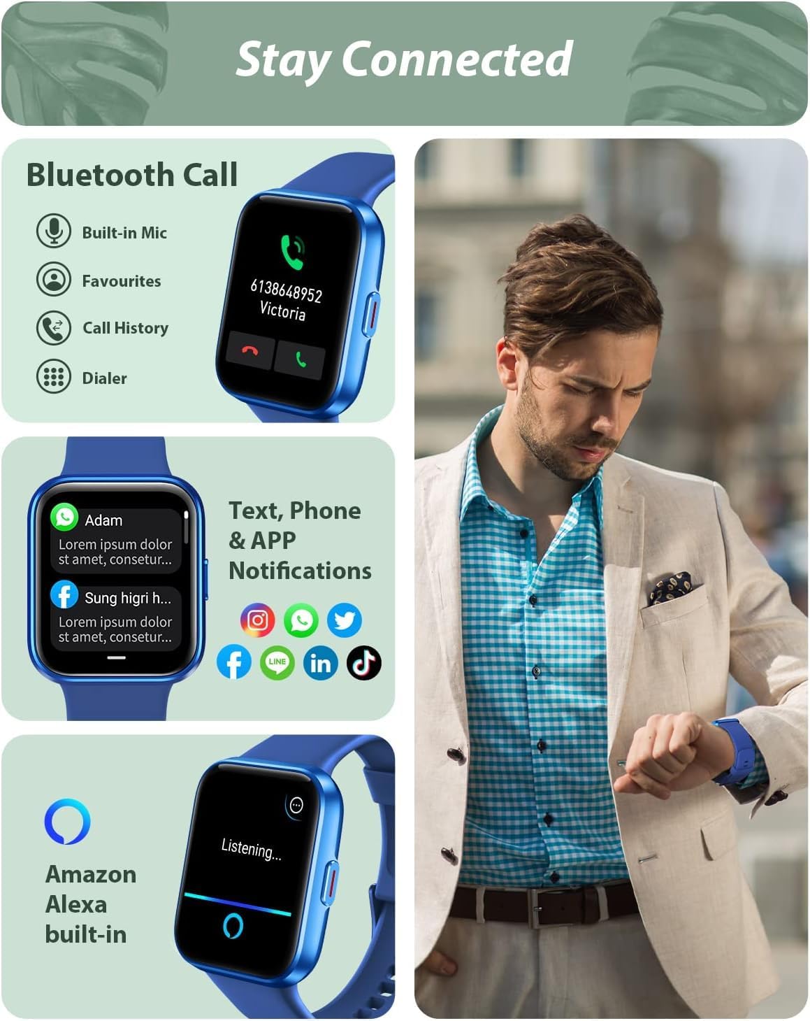 Smart Watch for Women Android & iPhone, Alexa Built-in, 1.8" Touch Screen Fitness Tracker with Answer/Make Calls, IP68 Waterproof Heart Rate/Sleep/SpO2 Monitor, Pedometer, 100+ Sport Modes, Dark Blue Deep Blue 1.8
