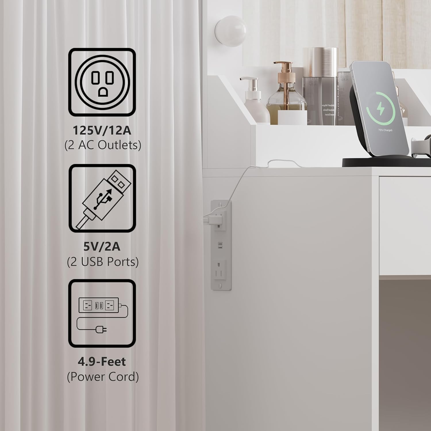 White Vanity Desk with Mirror and Lights, 34" LED Small Vanity Table with Power Outlet & Large Storage Drawers, 3 Color Adjustable Lights, Dressing Table for Bedroom & Apartment