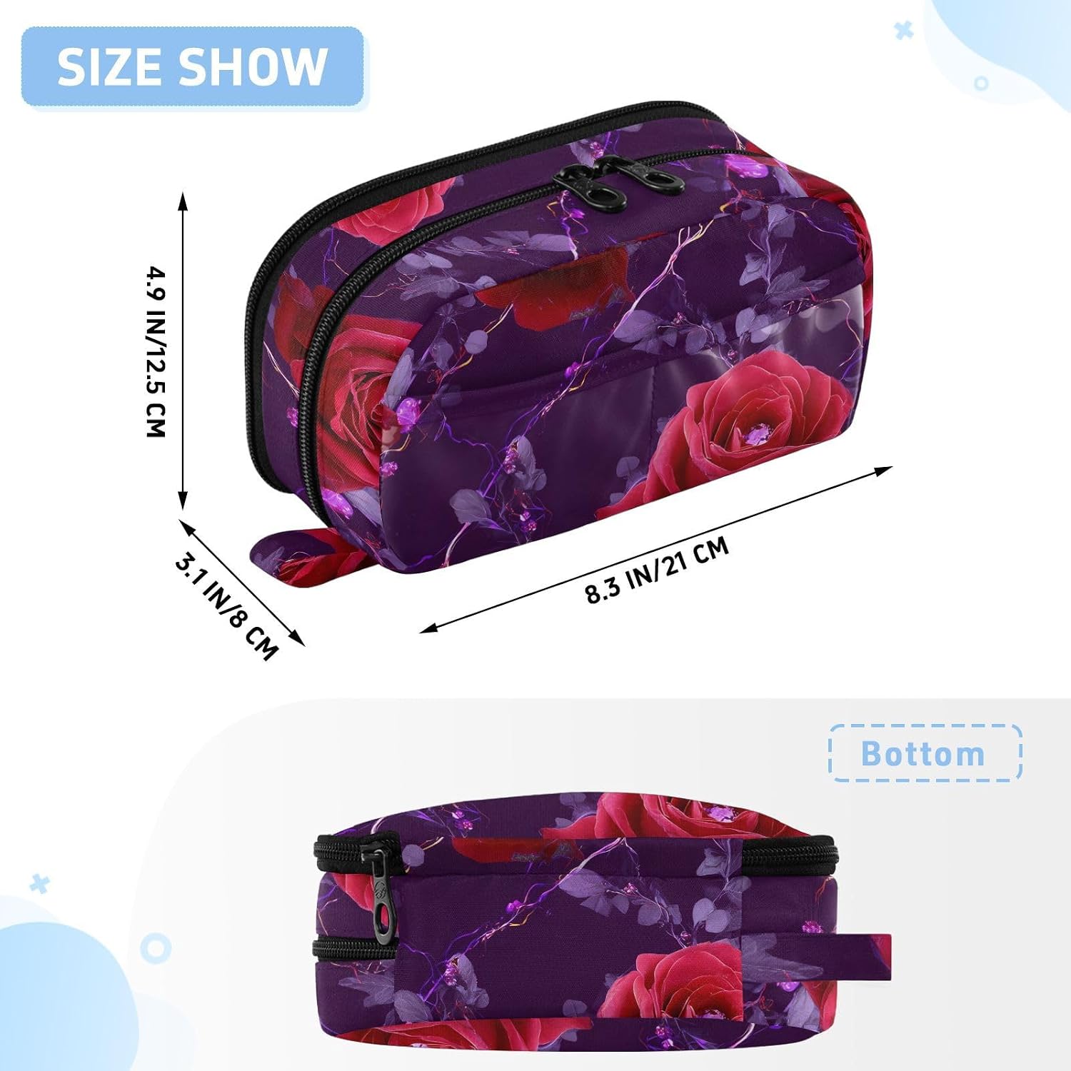ALAZA Red Rose Purple Leaves Pattern Large Capacity Pencil Case, Aesthetic Stationery Organizer Bag with Clear PVC Window, High Capacity Pen Pouch with Dividers for School Office Travel image 3