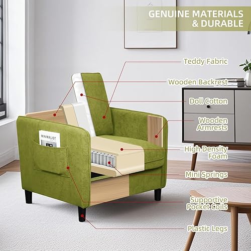 Miniatura 5 de Silla decorativa moderna de mediados de siglo con LED inteligente, sillón de lectura de tela de peluche suave y cojín grueso, patas de madera