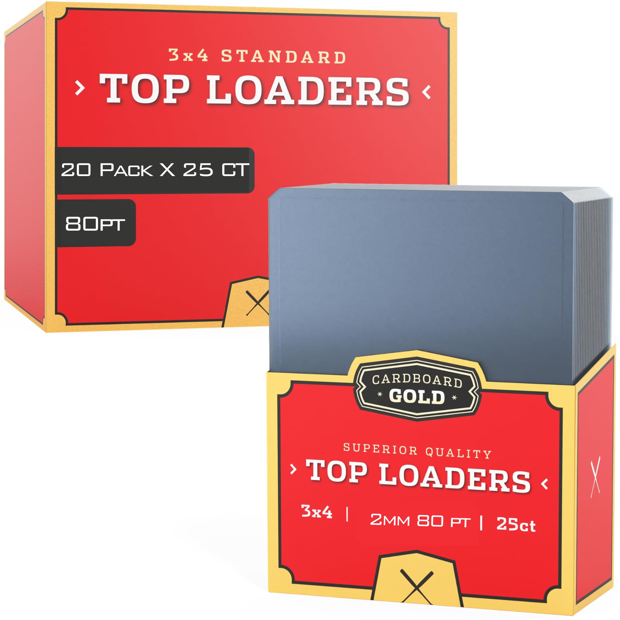 (20) Cardboard Gold - 80pt Top Loaders for Cards - Premium 3x4 Inch Trading Card Toploaders - Protect Your Sports Cards with These Crystal Clear Hard Plastic Sleeves Protectors - 25 Count Packs.