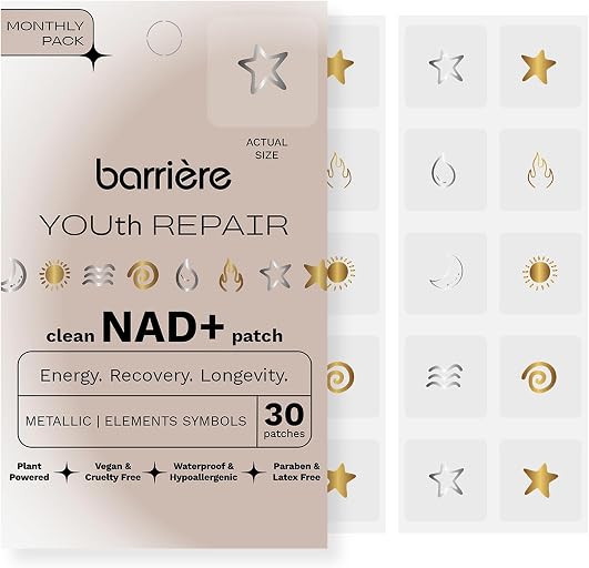 barrière Youth Repair NAD+ Patches for Women & Men - 30 Count | Featuring NR Nicotinamide Riboside | Energy & Vitality Support, Cellular Wellness & Healthy Aging Routine, Vegan Latex-Free