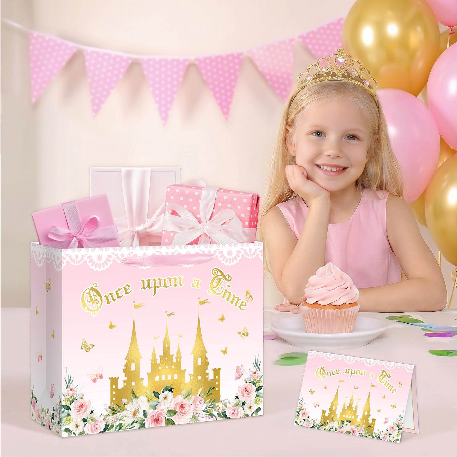 Reyoust 13" Large Pink Princess Themed Gift Bag with Card and Tissue Paper Floral Castle Present Bag for Girls Fairy Tale Baby Shower Birthday Party Decorations 1 Pcs 13" L x 10.2" H x 4.9" D