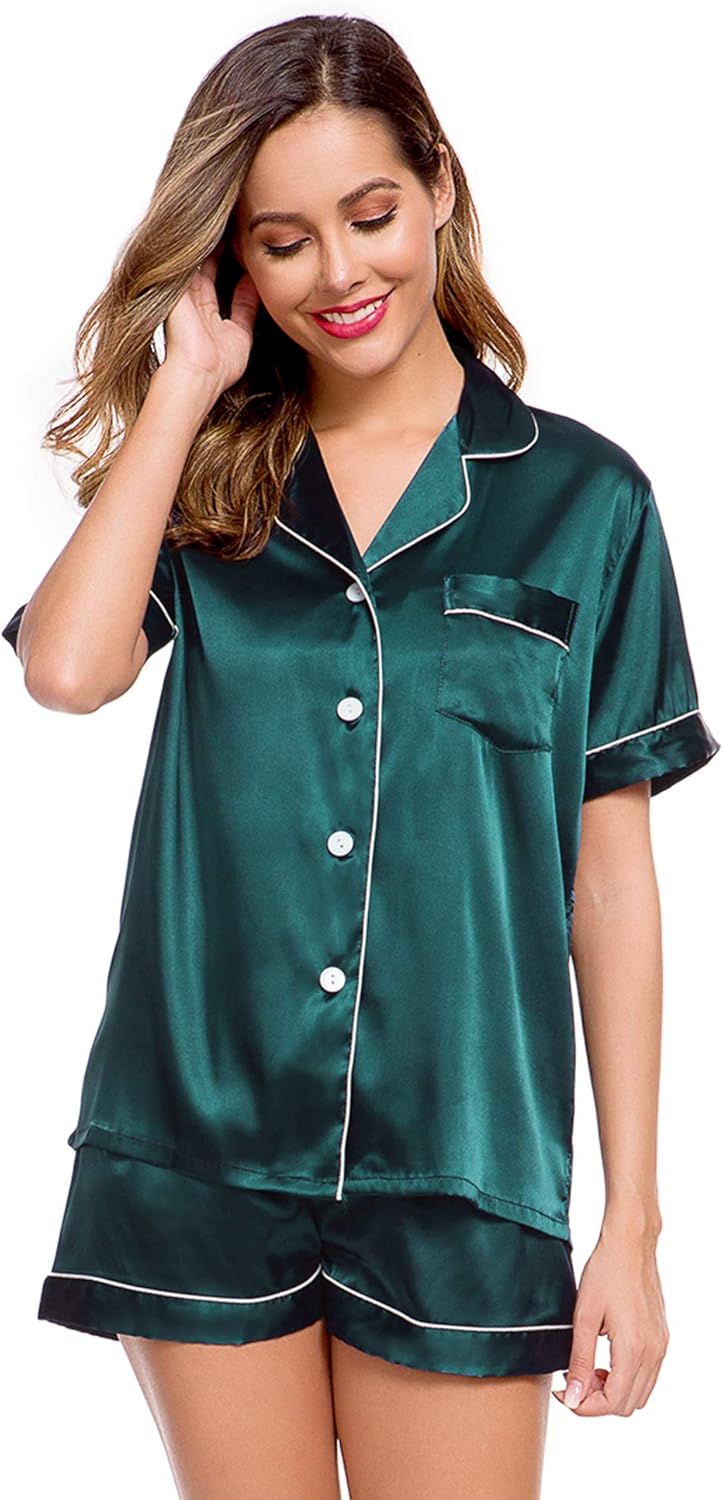 LecGee Womens Silk Satin Pajamas Short Sleeve Loungewear Two-Piece Sleepwear Button-Down Pj Set - Image 2