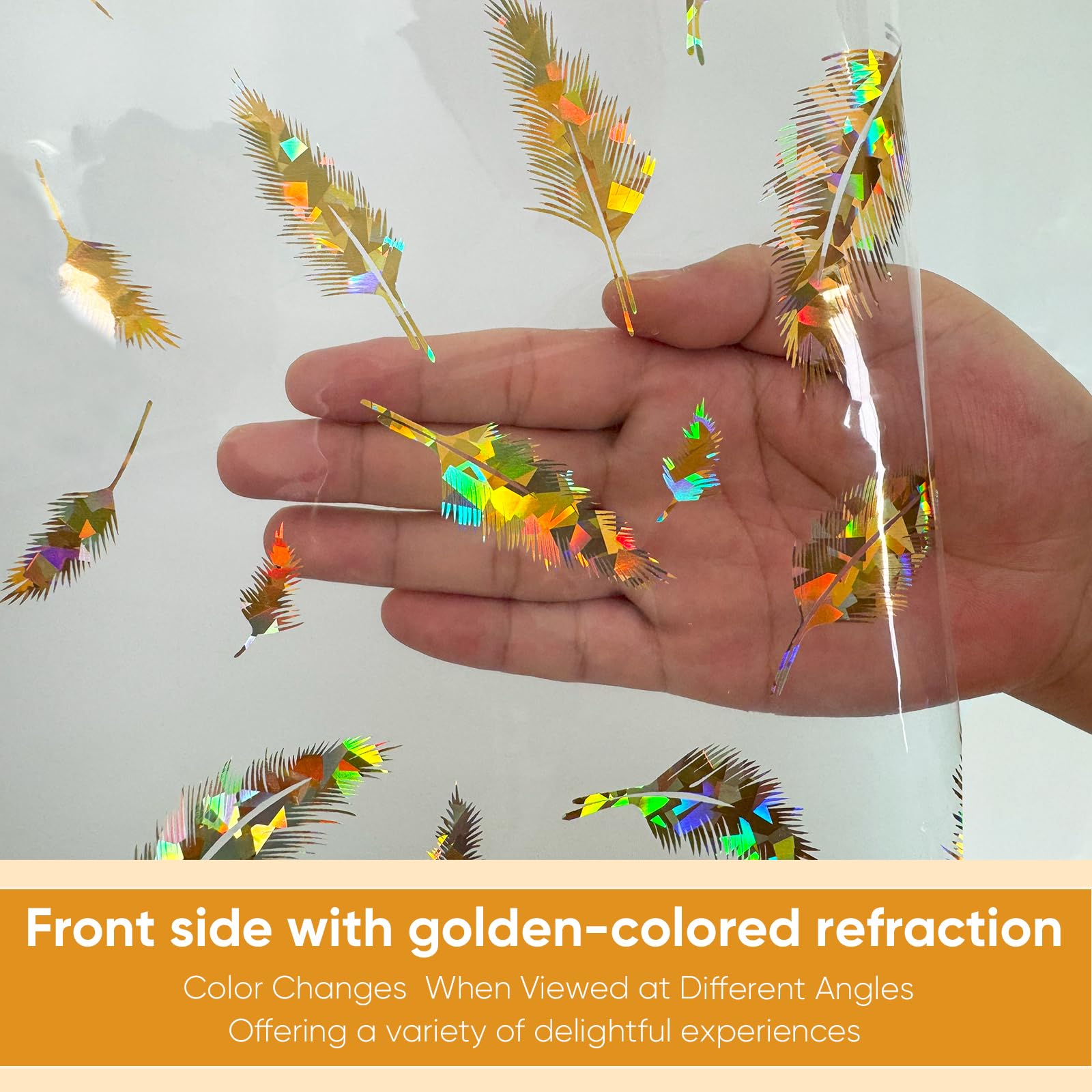 Holographic Shower Curtain Liner, Dual-Sided Iridescent Gold & Multicolor, Glitter Feather Pattern, PEVA Bathroom Clear Plastic Shower Curtain with Rustproof Grommets &Magnets, Waterproof 70x72 Inches