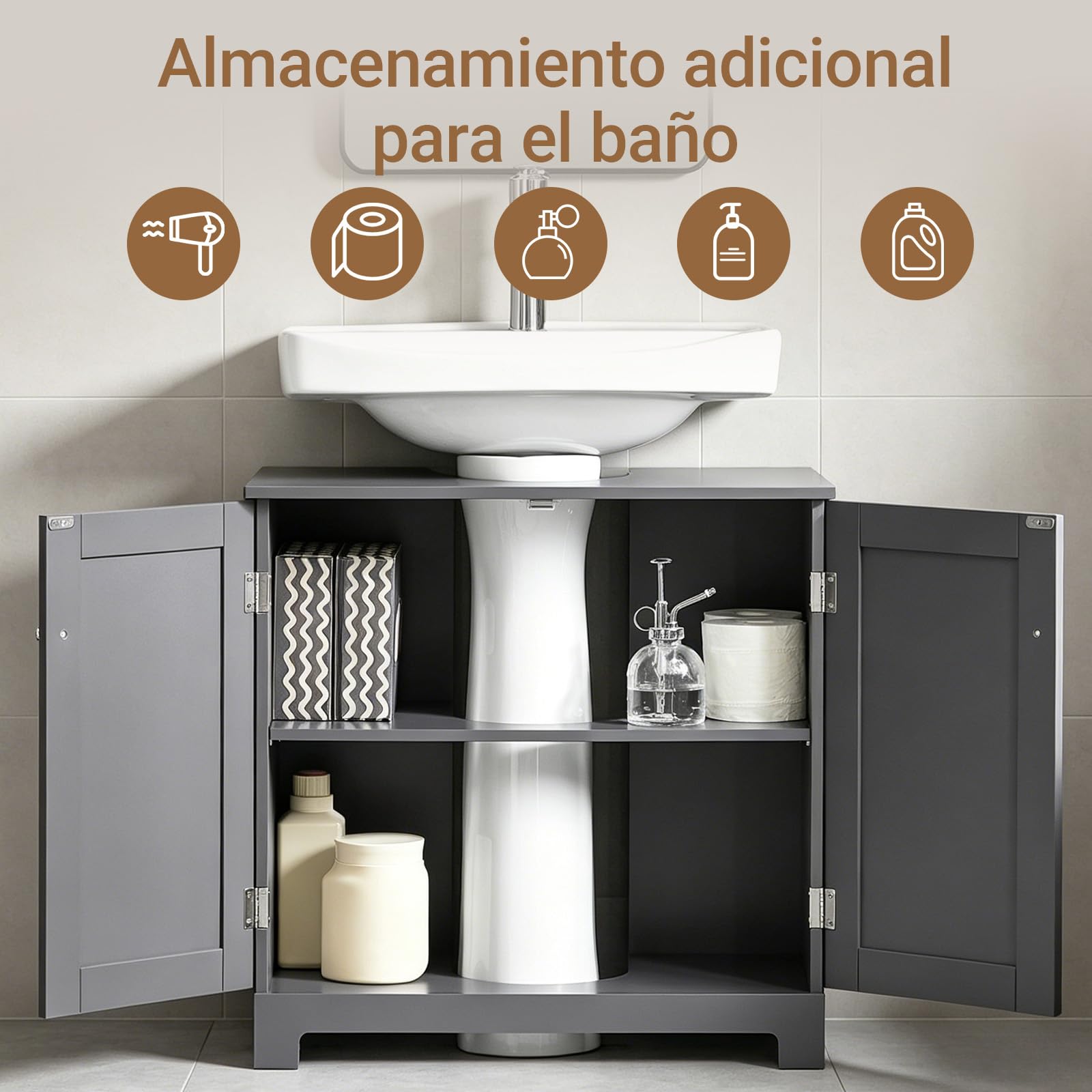 SoBuy Mueble bajo Lavabo con Corte para Sifón 60x29x60 cm Gris Oscuro | Armario Baño con Puertas y Balda Ajustable– Mueble Baño Lavabo Auxiliar en MDF, BZR18-II-DG