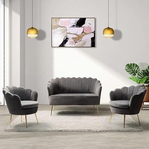 Miniatura 217 de HULALA HOME Moderno sofá biplaza de terciopelo con respaldo en forma de flor, cómodo sofá tapizado de 2 plazas con patas de metal dorado, sofá