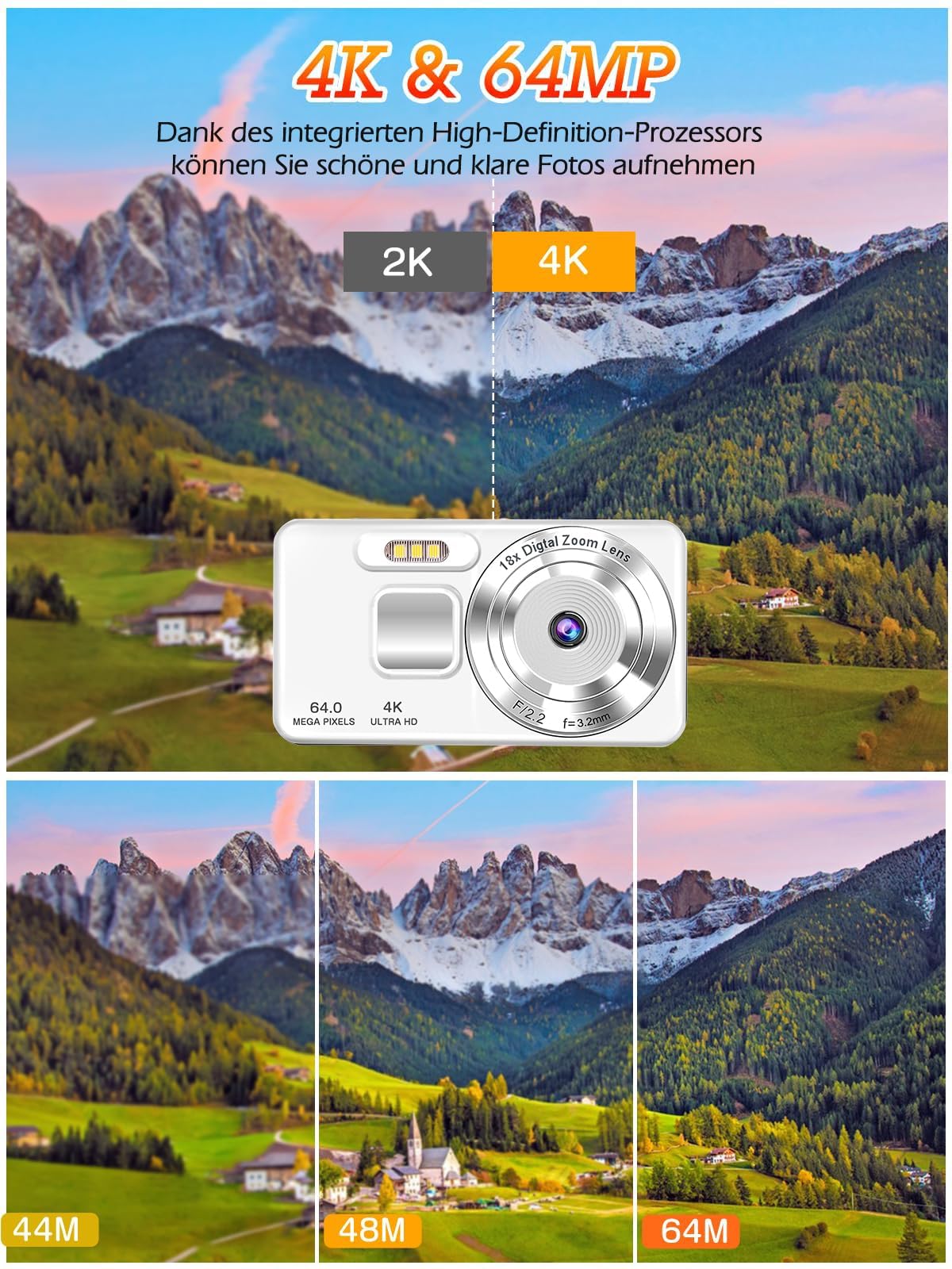 4K Fotocamera Digitale, 64MP Fotocamera Compatta con Autofocus e Zoom Digitale 18X, Schermo da 2,8", Registrazione Loop & Webcam, con Scheda SD da 32GB, Ideale per Vlog, Viaggi & Principianti