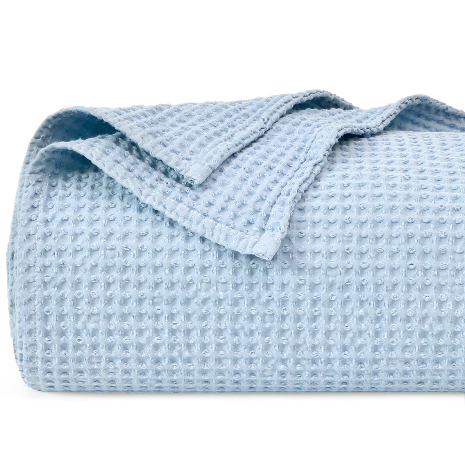 PHF - Manta de punto gofre 100 % algodón, tamaño king, 220 x 240 cm, manta ligera y transpirable prelavada, certificada Oeko-TEX para cama, sofá y sillón, decoración del hogar, azul cielo