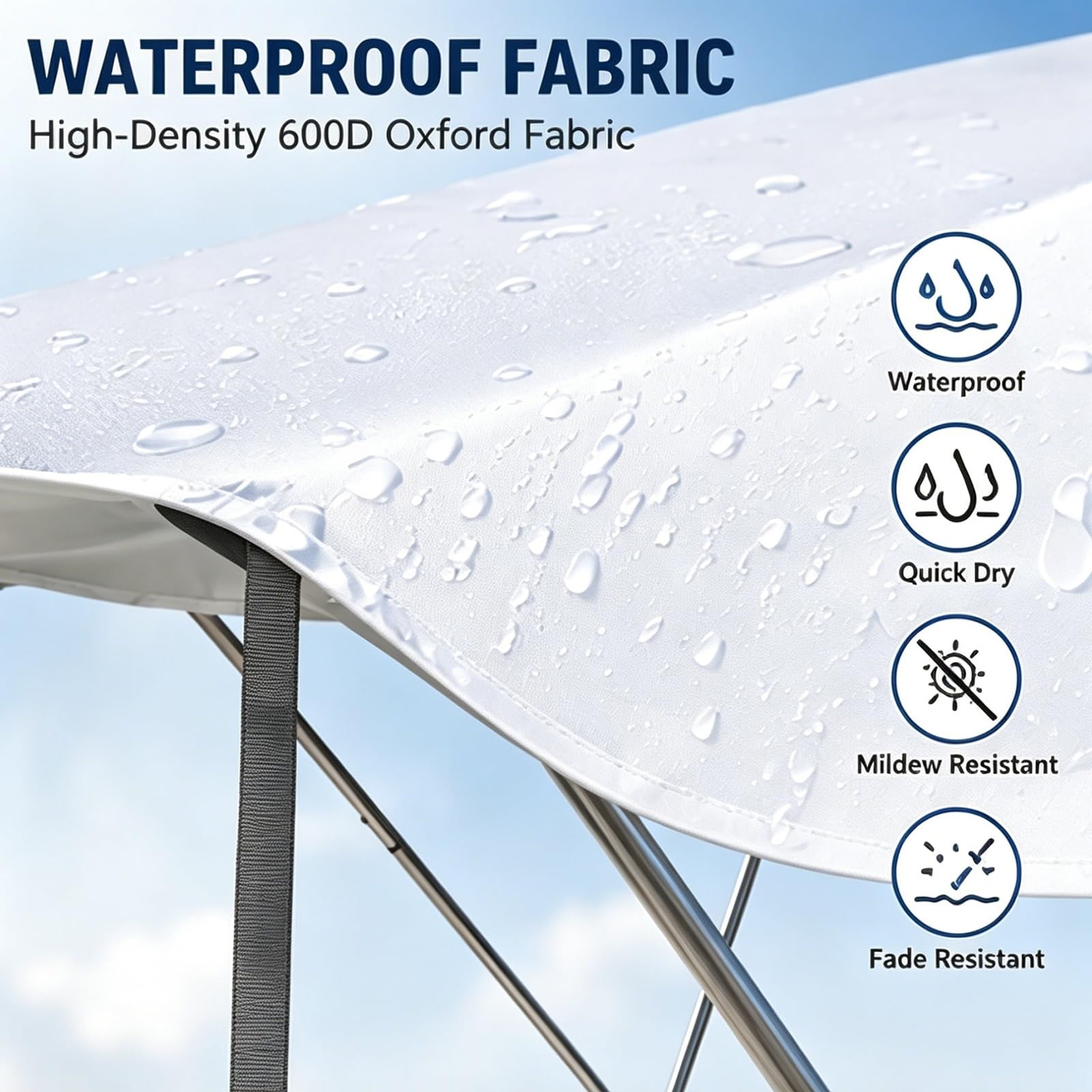 Tendalino Barca 2 Archi, Oxford 600D Idrorepellente, Telaio Alluminio con Giunti Inox, Pieghevole, Parasole per Pesca, Pontoni e Gommoni, 140 x 100 x 115 cm, Bianco