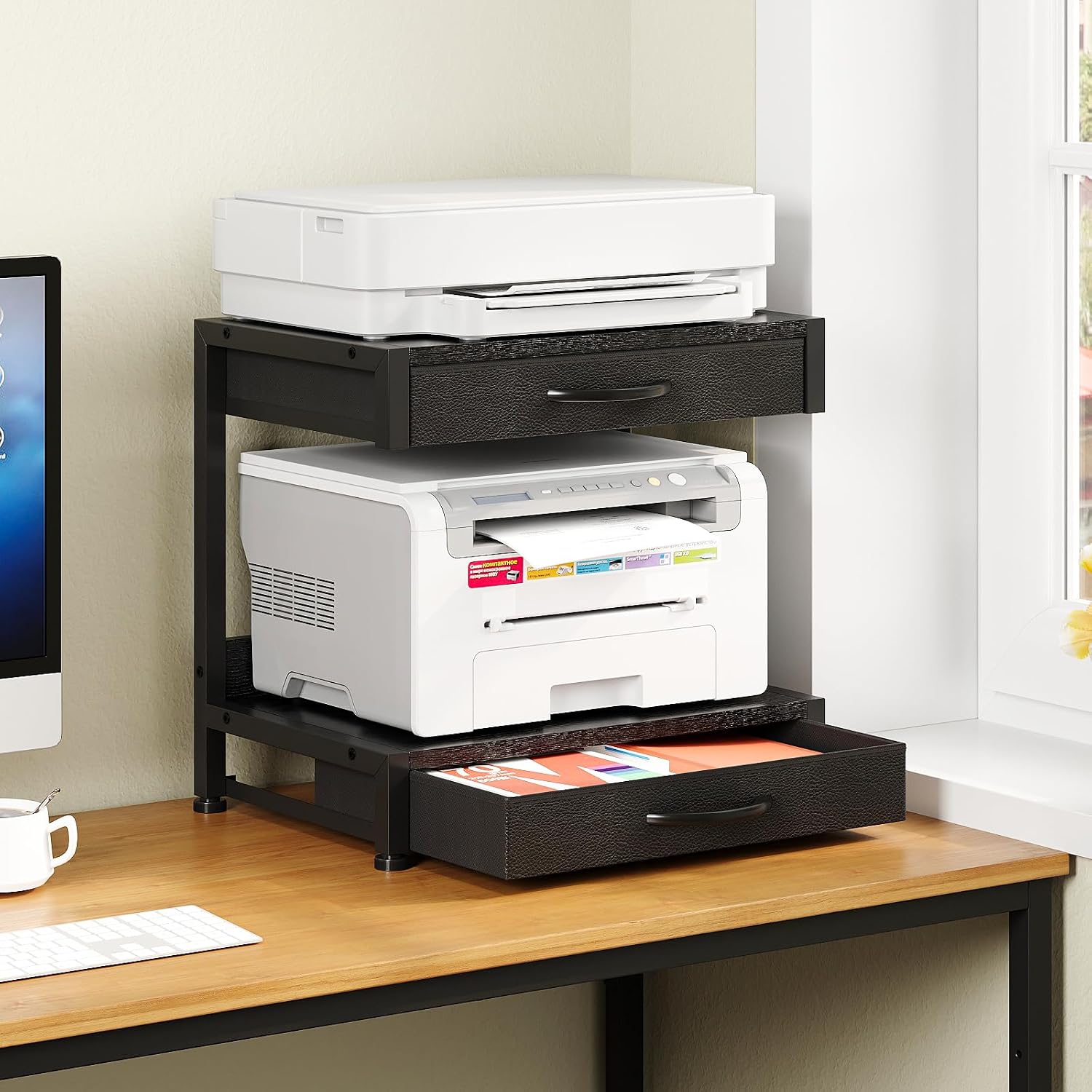 VENNQD 2-Tier Desktop Printer Stand with 2 Fabric Drawers, Prtiner Table with Storage Shelf, Desk Organizer for Home Office,3D Printer,Fax Machine,Scanner (Black, 2 Tier)