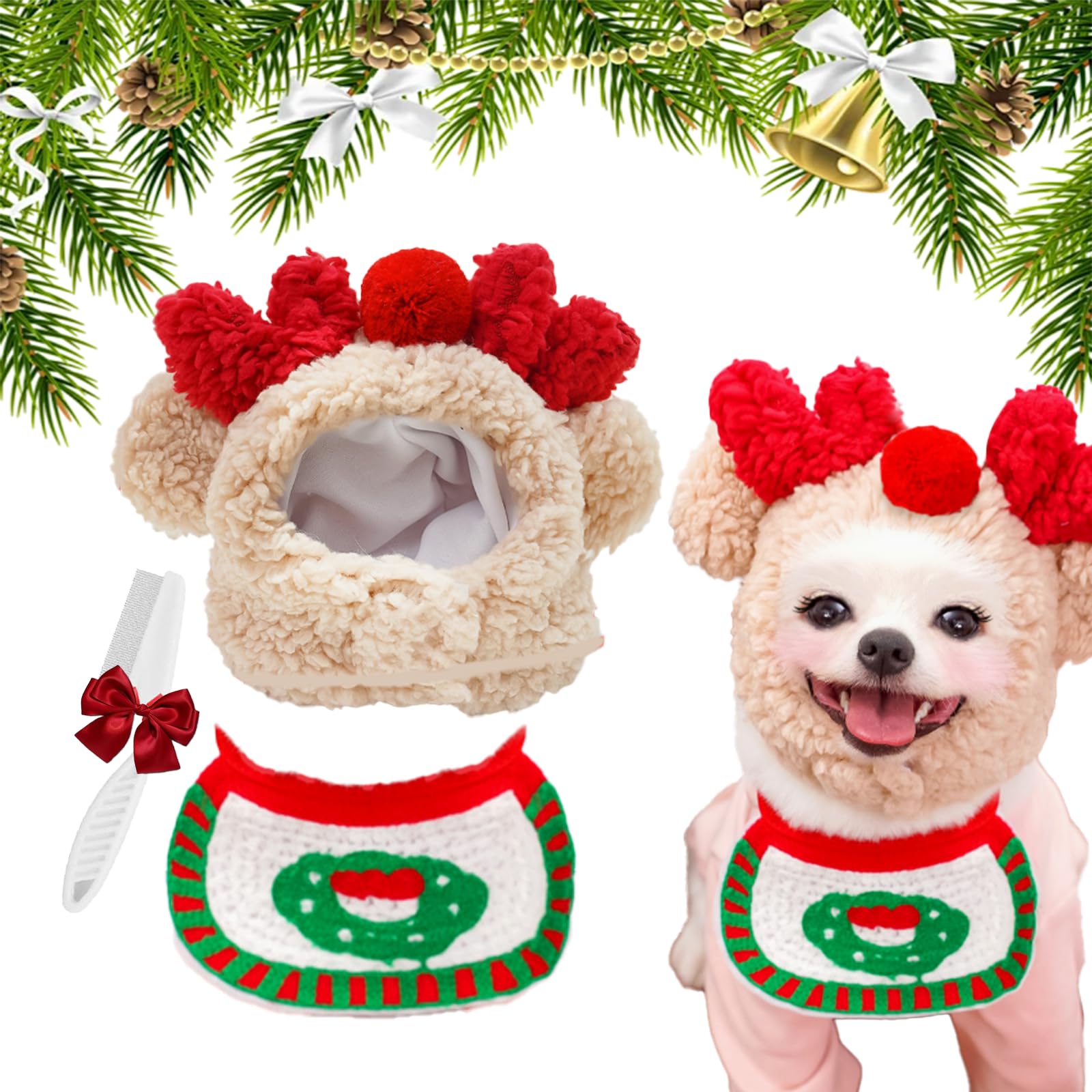 Adorable Christmas Tree Pom-Pom Hat, Adjustable Christmas Tree Hat for Dogs, Funny Soft Pet Xmas Hats, Santa Costume for Small Dog Cat (Beige, S)