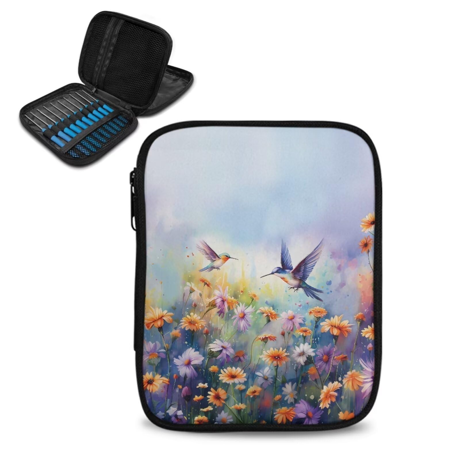 YUVAMAGIMO Hummingbird Crochet Hook Case with Mesh Pocket and Compartment Travel Storage Bag for Various Crochet Needles and Accessories Easy to Carry Gift for Friends and Family