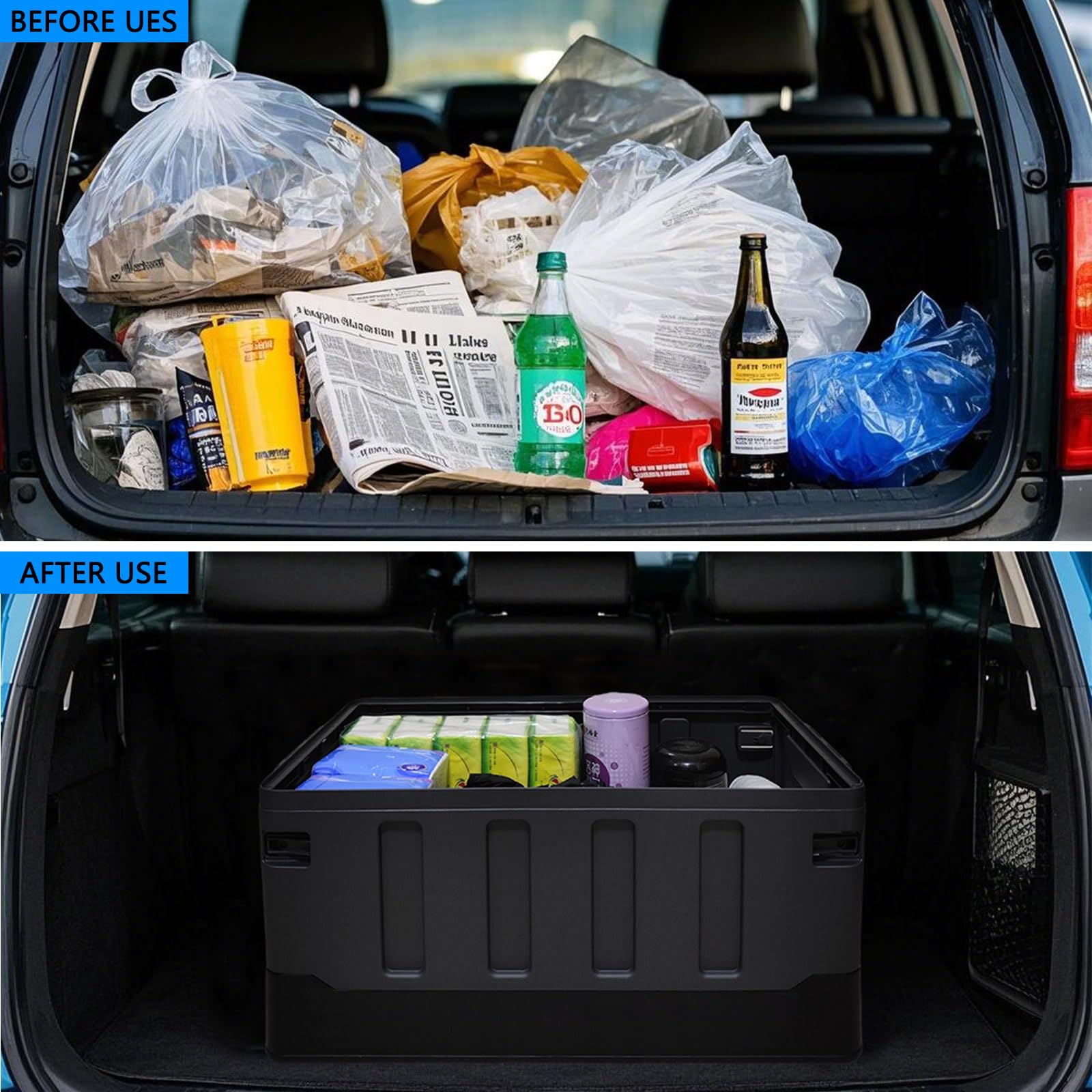 Versatile Foldable Seatable Camping Box Car Organizer Heavy Duty Storage Bins With Lids Box Trunk,Durable Plastic,60L Can Store Clothes, Toys Camping Equipment in Large Capacit (black)