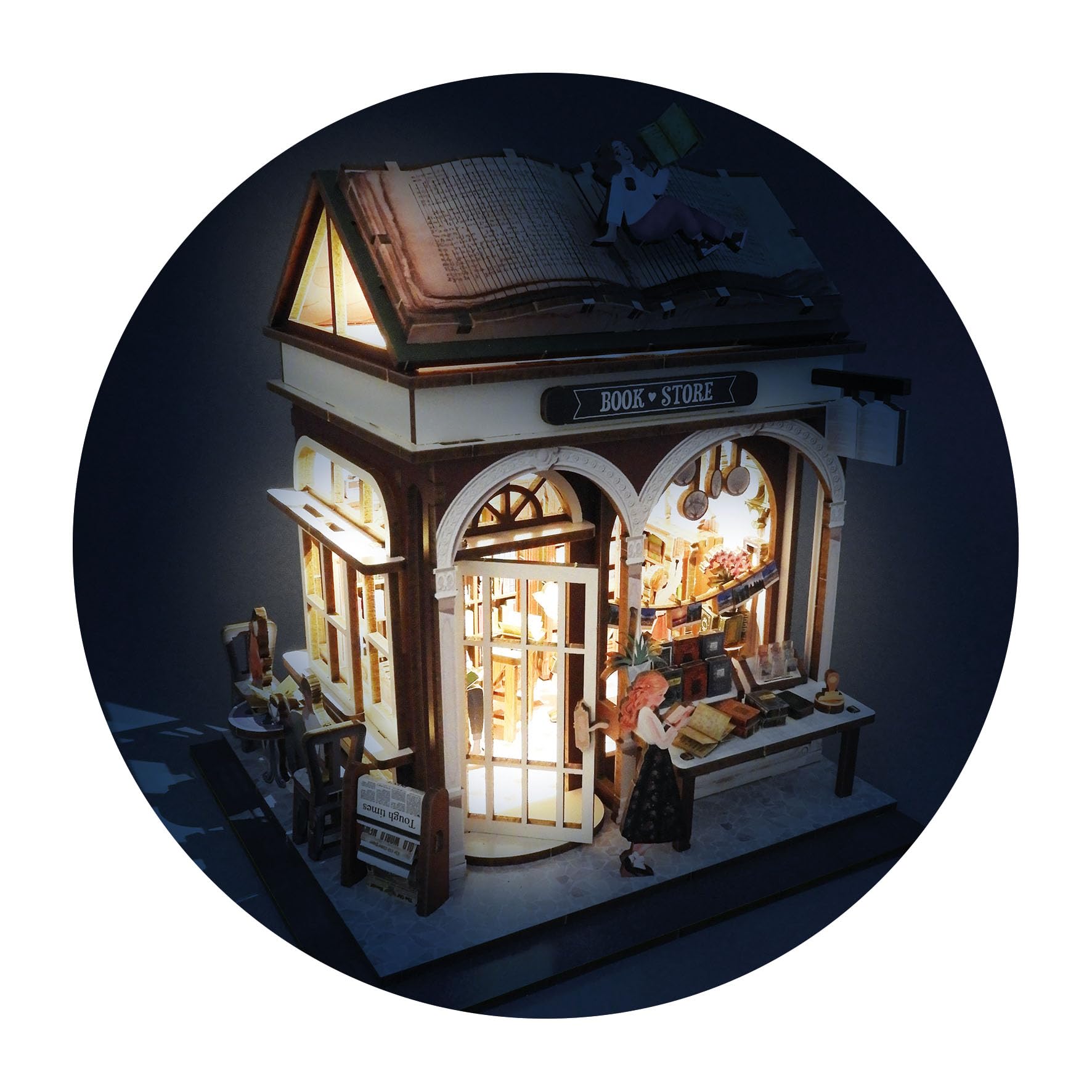 Diorama libreria - Modello di Libreria Miniatura in Legno con LED – Diorama Fai Da Te 148 Pezzi – Kit di Costruzione per Decorazione della Camera – Da 10 Anni – 14,5 x 16 x 18 cm - BUKI Francia