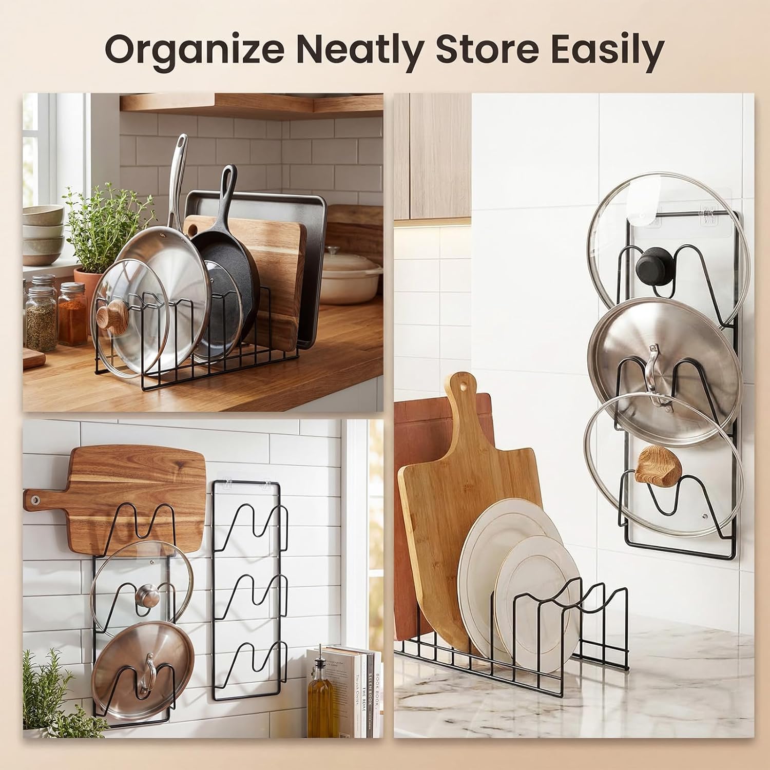 Vicenpal 2 Pack Pot Lid Organizer Kitchen Rack Set, Countertop and Over-the-door Pot Lid Pan Holder Rack for Cutting Boards, Baking Sheets, Pans and Cookware Storage