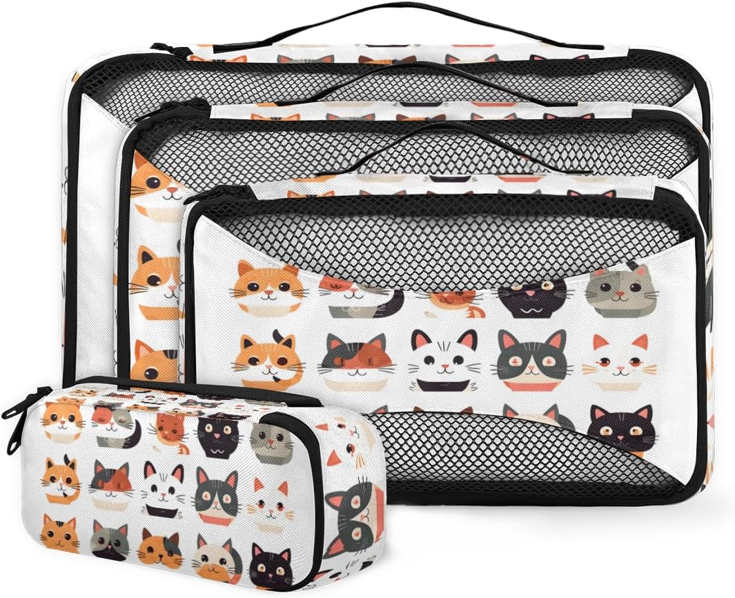 Cute Cat Face 4 Set Packing Cubes Packing Cubes for Women Lightweight Travel Essential Bag Clothes Carry on Suitcase Bags for Accessories Essentials