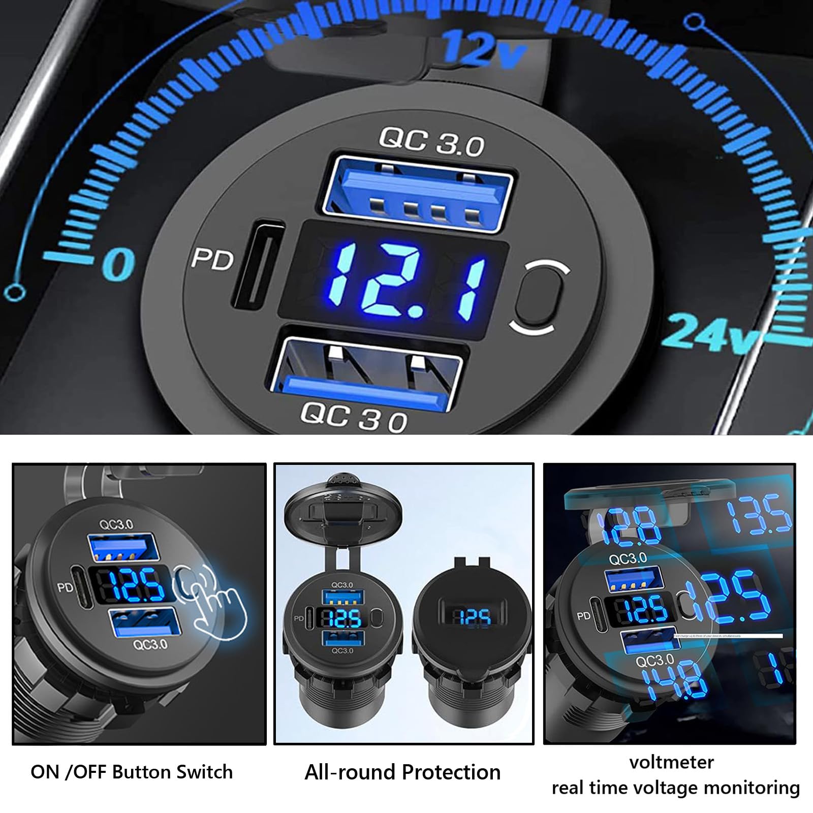 Presa USB 12V, 72W, Caricatore Triplo Porta con Ricarica Rapida Simultanea (2xQC3.0 + PD) e Interruttore On/Off, Presa USB da Incasso per Auto 12-24V, Moto, Camion, Barche, Camper (2 Pezzi)