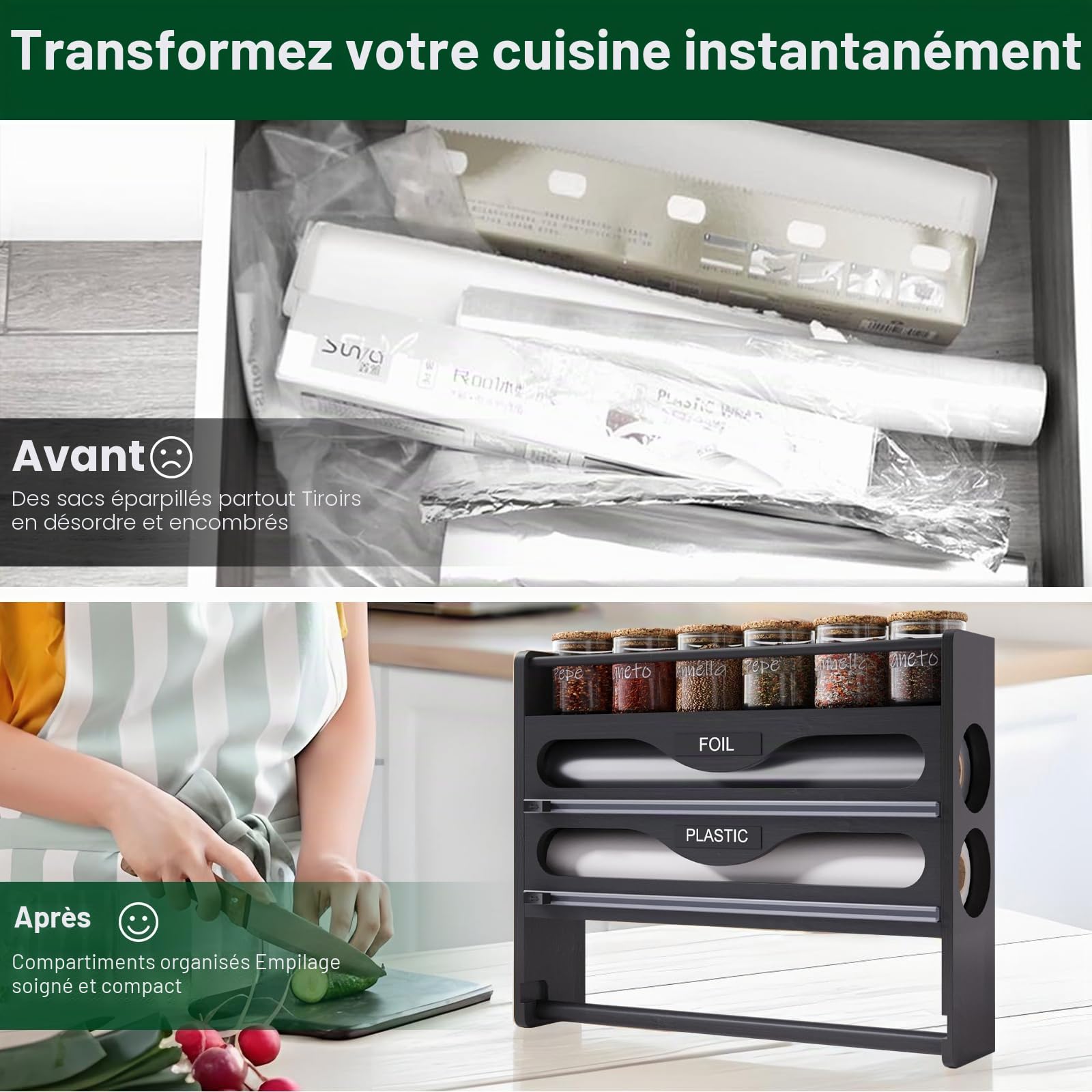 Derouleur Film Alimentaire, Distributeur Film Alimentaire avec Porte Essuie Tout, Distributeur Aluminium et Film Alimentaire Bambou, Support de Rangement pour Mural/Tiroir de Cuisine (Noir)