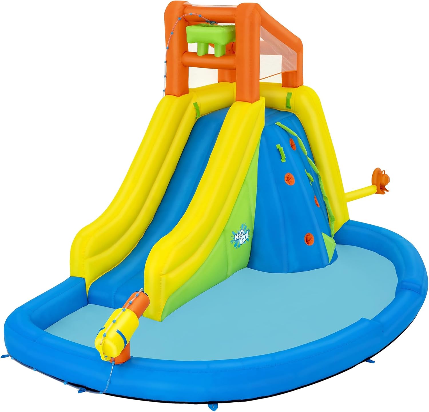H2OGO! Mega Water Park - Mount Splashblast - 14'3" x 9'5" x 8'9", Inflatable Outdoor Activity Splash Pool, Climbing Wall-Slide-Dump Bucket, Kids 5+