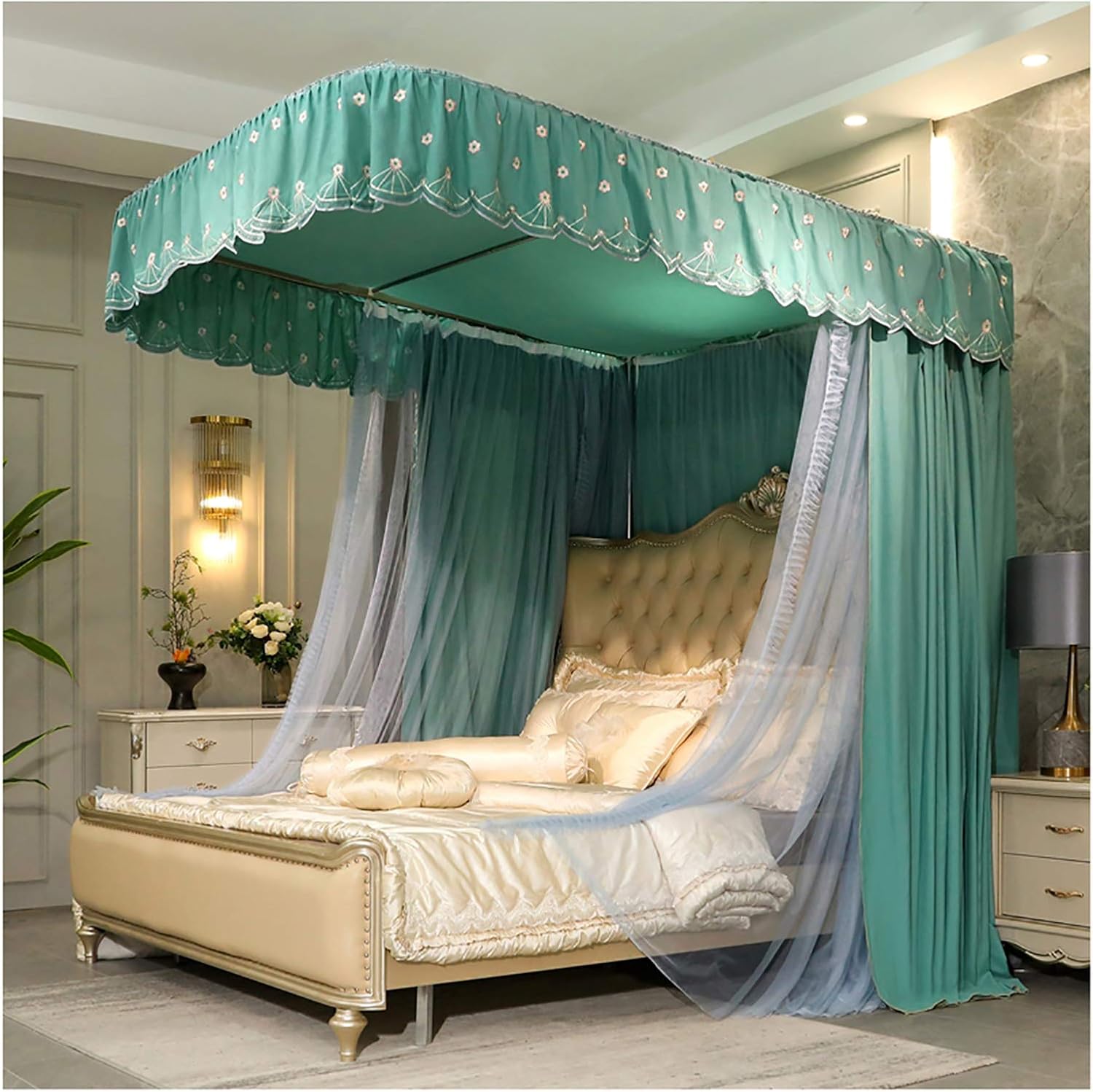 Princess Bed Curtain Canopy for Girls 4 Corner Post Bed Canopy with U-Shaped Bracket Bed Decoration 3 Openings Mosquito