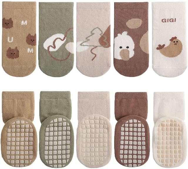 FedMois 5 Pairs Baby Kids Anti-slip Socks Cotton non skid Ankle Socks Animals