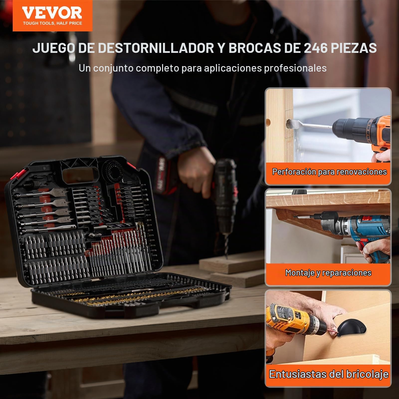 VEVOR Juego de brocas, 246 piezas, juego de brocas y destornilladores, juego de puntas de destornillador adecuado para perforación de cemento de madera, metal, cemento y atornillado, juego combinado