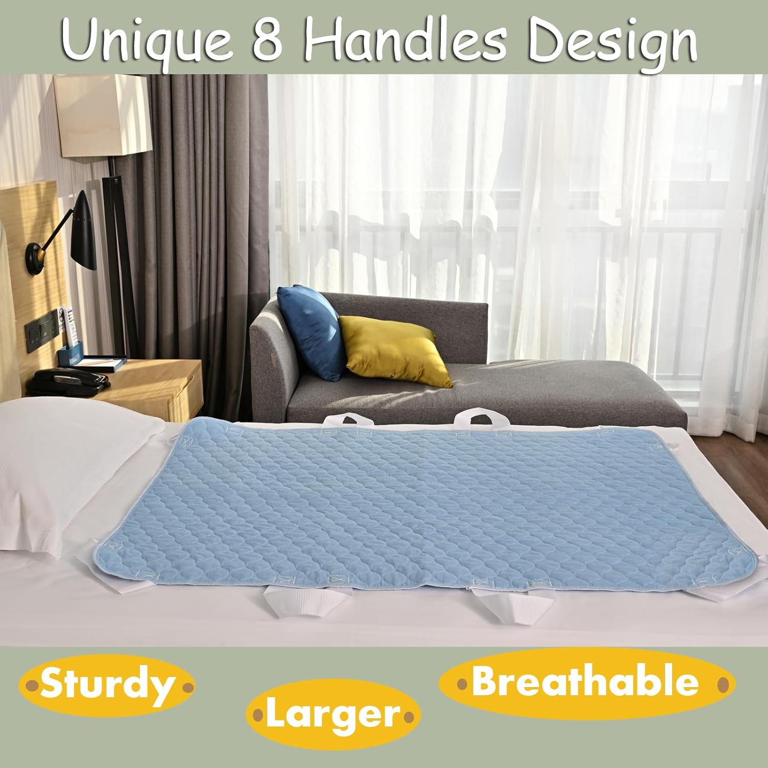Positioning Bed Pad with 8 Handles, Ultra Absorbent Incontinence Underpad 36”x52” Extra Large Waterproof Reusable Transfer Pad for Adults and Elderly at Home & Hospital (Blue 2 Pack)