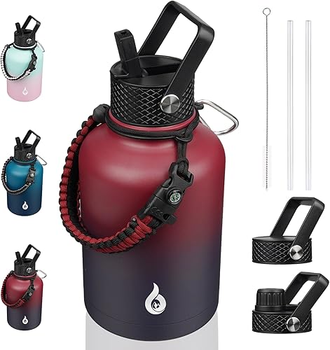 Miniatura 44 de BJPKPK Botella de agua de 1 galón aislada con tapa con pajita, 50oz, 64oz, 87oz, 128oz grande, botellas de agua de acero inoxidable con 3 tapas y