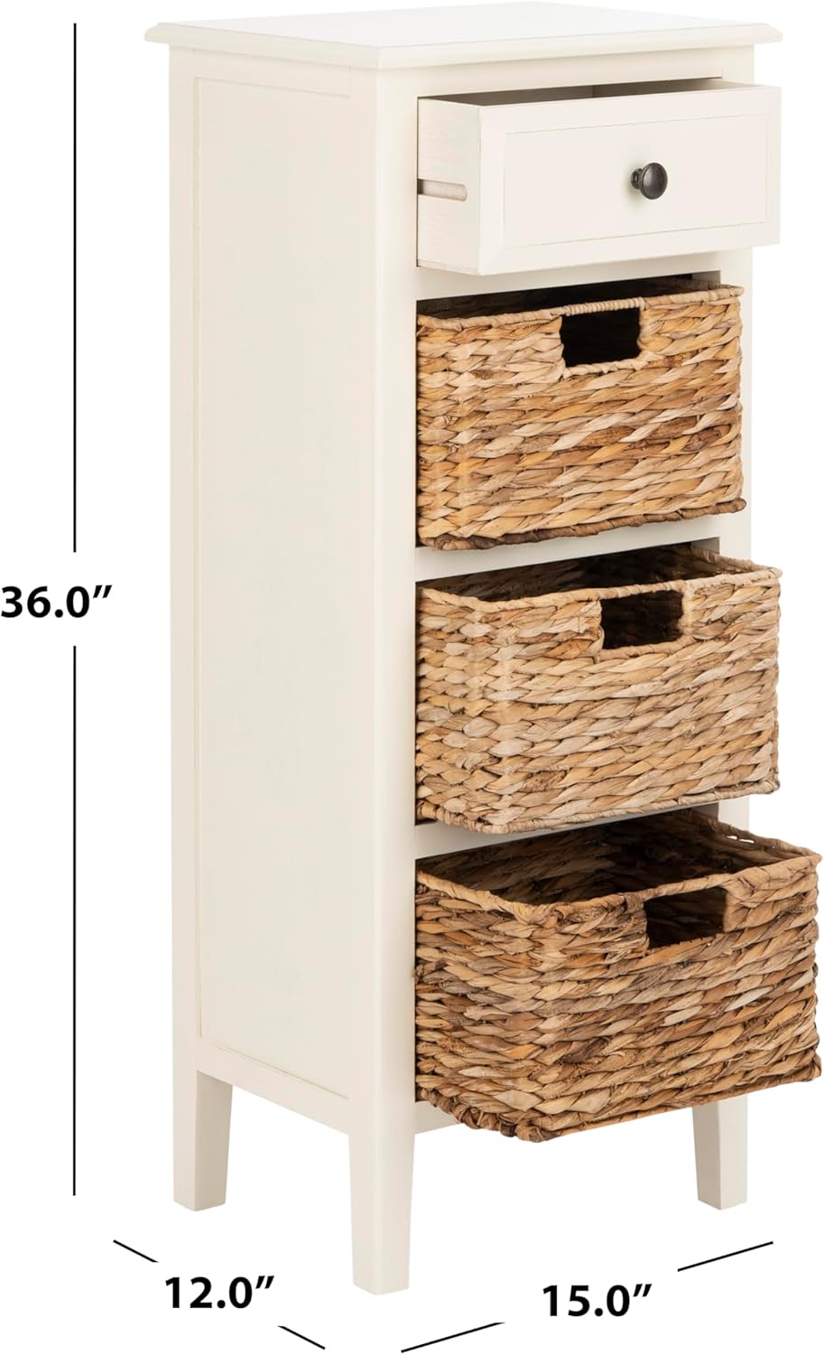 SAFAVIEH Home Collection – Michaela Vintage White Storage Unit with Woven Basket Drawers, British Colonial Farmhouse Accent Storage, Fully Assembled (AMH5744B)