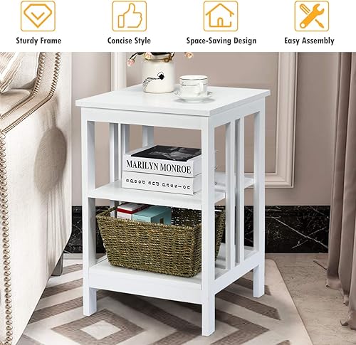 Miniatura 14 de Giantex Mesita de noche de 3 niveles, mesa auxiliar moderna con estantes de almacenamiento y barras reforzadas, mesas de noche versátiles, mesa