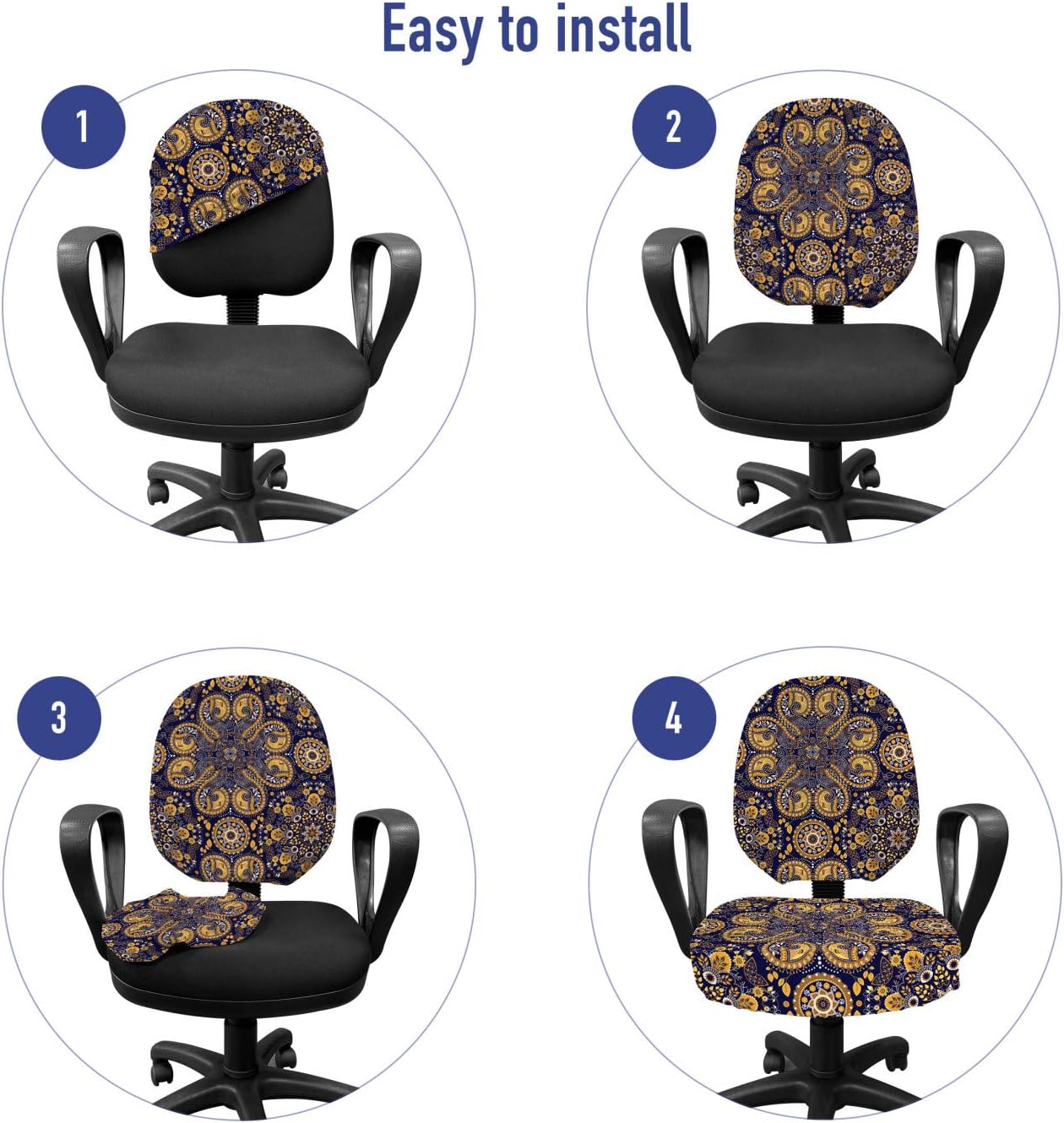 Ambesonne Mandala Office Chair Slipcover, Eastern Mystical Revival Curlicues Leaves and Rich Flora, Protective Stretch Decorative Fabric Cover, Standard Size, Yellow Indigo