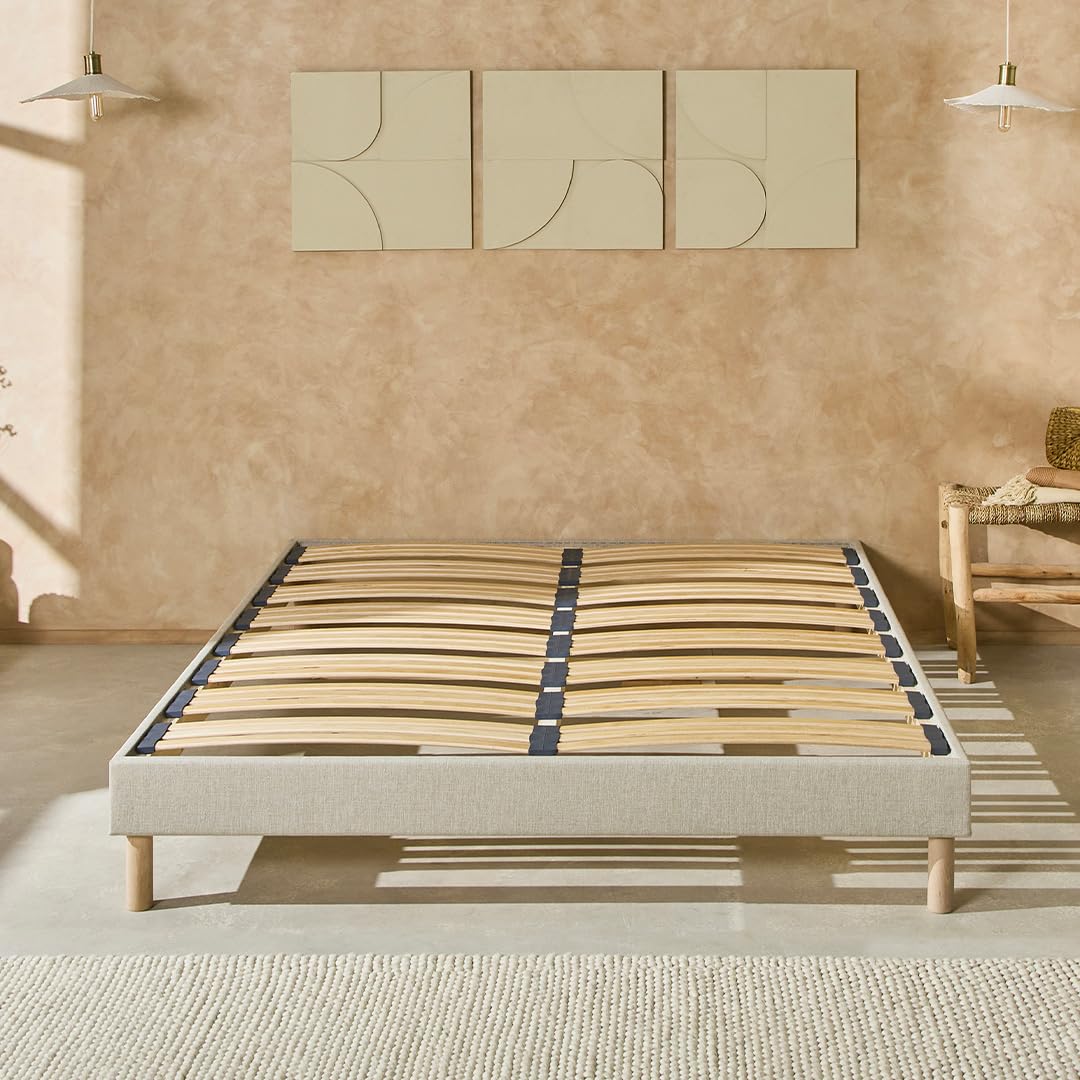 Nuit DE Coton | Sommier à Lattes en Bois avec Pieds Lino 160x200 cm Hauteur 30 cm | Cadre de lit Robuste et Elegant Coloris Beige | Montage Facile