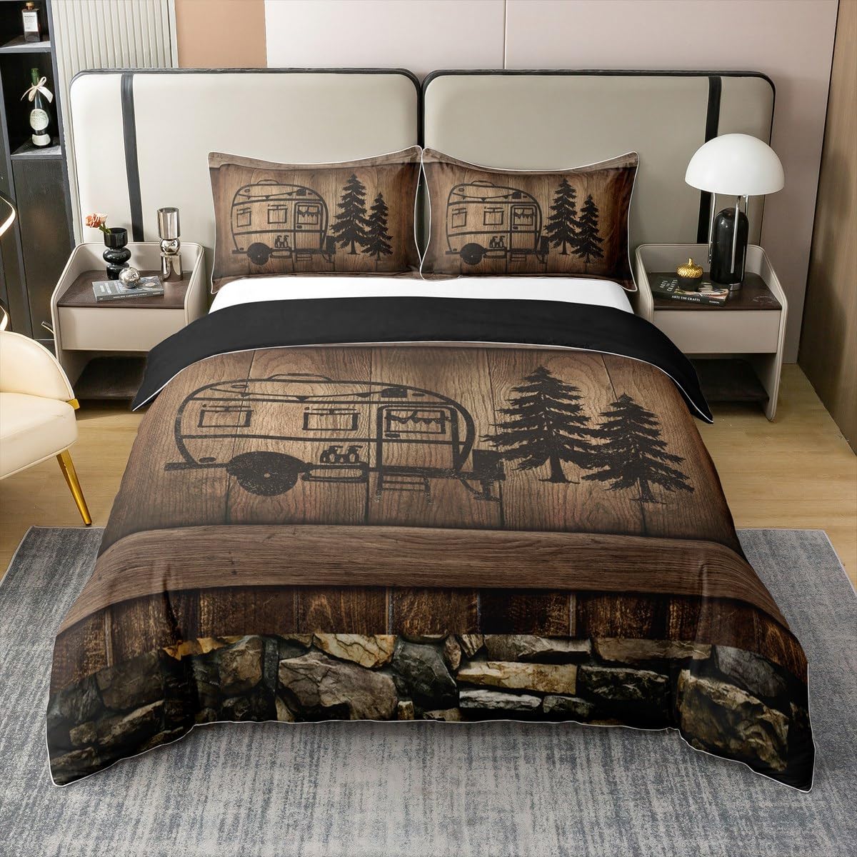 Homewish Housse De Couette 240x260 Cm Motif Bois Rustique - 100% Coton - Style Ferme Vintage