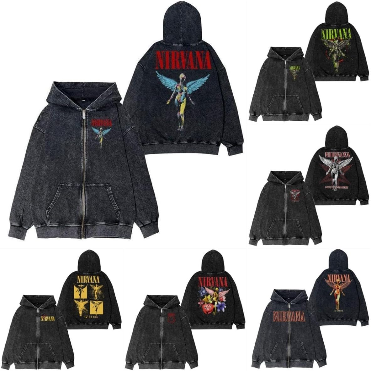 [GUALIU] ニルヴァーナ パーカー ロックバンド NIRVANA 天使 ジップパーカー 長袖 100％綿 ヴィンテージ加工 オ