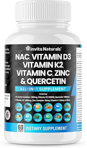 Suplemento NAC N-acetil cisteína 1000 mg Vitamina C Vitamina D3 K2, zinc, cúrcuma curcumina 1000 mg Quercetina 1000 mg con L-lisina, saúco, albahaca