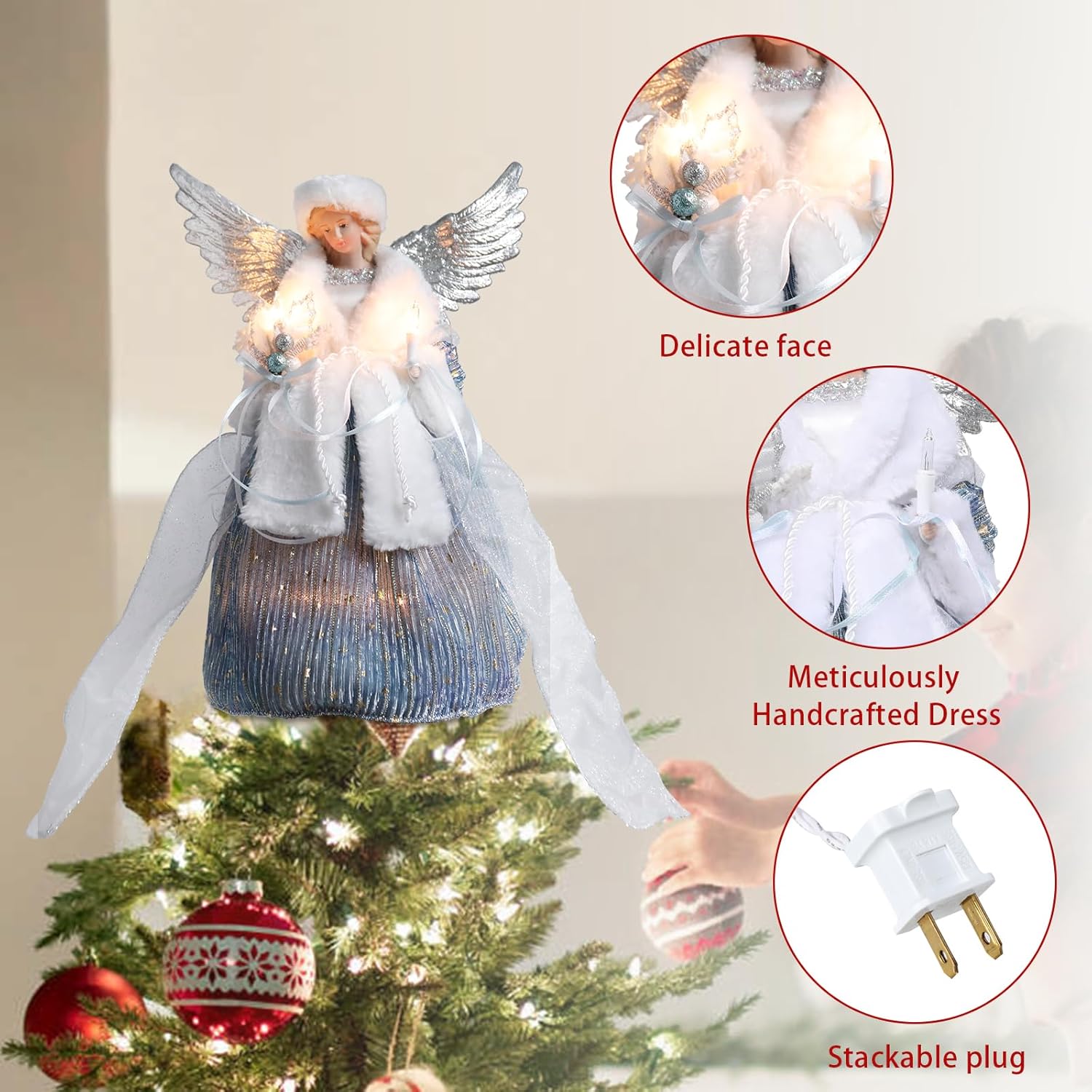 MUMTOP 12-Inch Angel Christmas Tree Topper, Angel Tree Topper with Lights Xmas Angel Figurine Ornament for Christmas Tree Home Indoor Holiday Party Decor, Blue