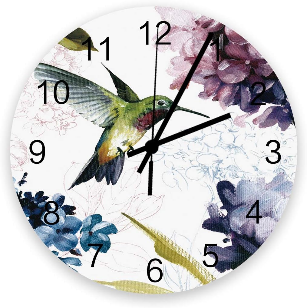 Wall Clock Battery Operated Non-Ticking 12" Round Wood Clocks, Picture, Hydrangea Flowers and Bird Kitchen Wall Clock for School Bathroom Living Room Home Office Wall Decor
