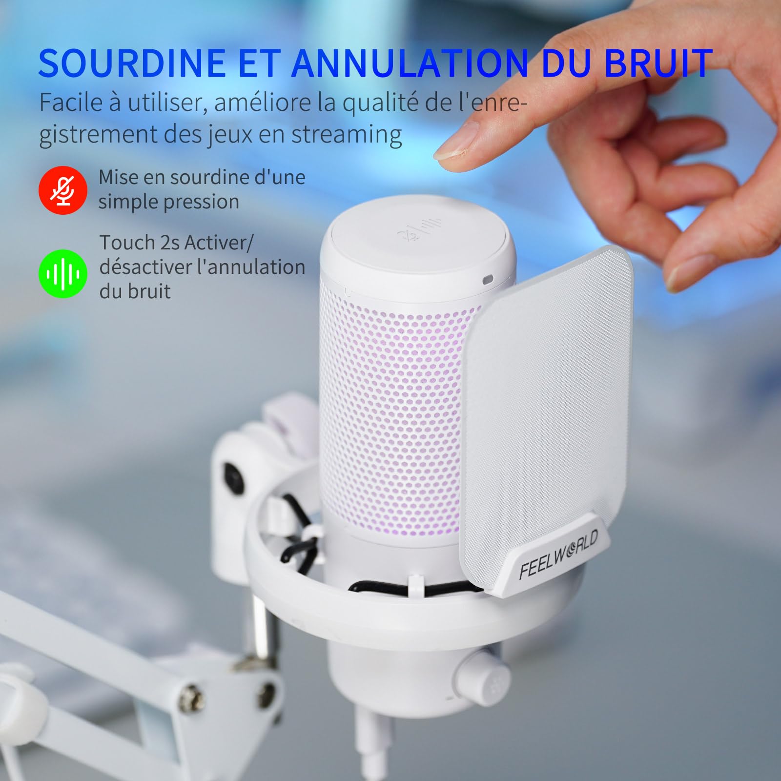 FEELWORLD VM1 USB Gaming Microphone Avec Support Cantilever Pour L'enregistrement de Podcasts,Jeux Vidéo,Microphone De Studio Pour PC,Blanc Avec Pointage Cardioïde,Éclairage RGB,Maille Anti-Projection