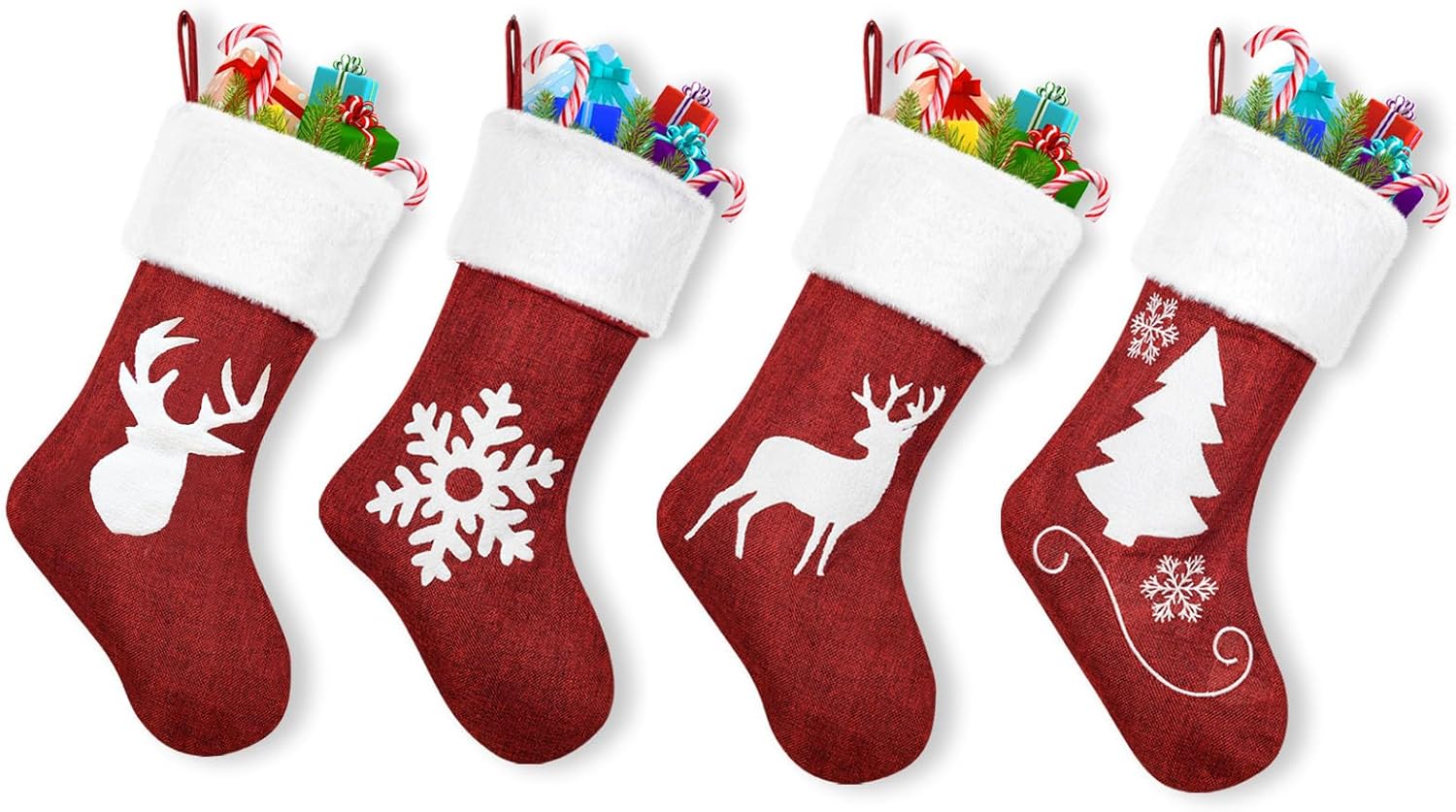 Christmas Stockings Set of 4 Embroider Deer Christmas Tree Snowflake Fabric Cuff Gift Bags for Kids Holiday Fireplace Hanging Christmas Party Decorations (Stocking-S4-18IN)