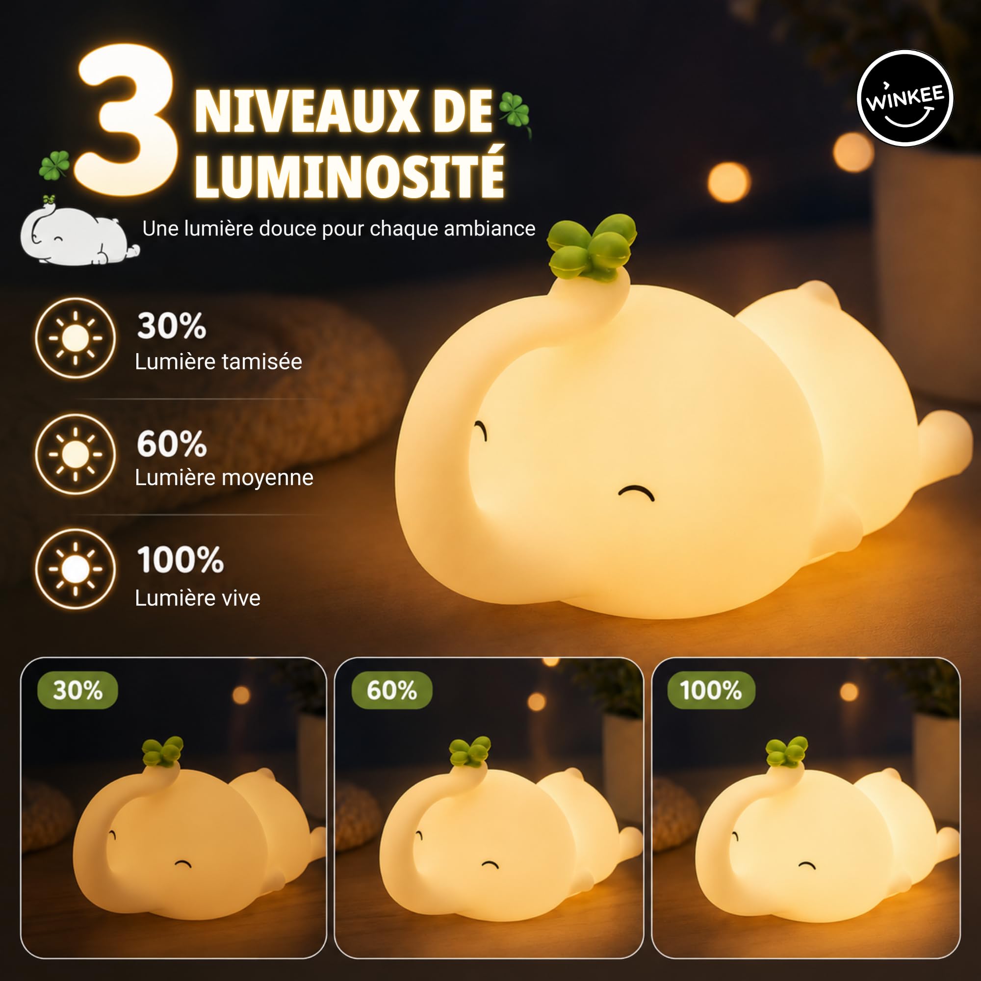 Winkee - Lampka nocna słoń Nellie I lampka nocna dla niemowląt I światło do karmienia ściemniane dotykowe I lampka nocna ładowanie przez USB